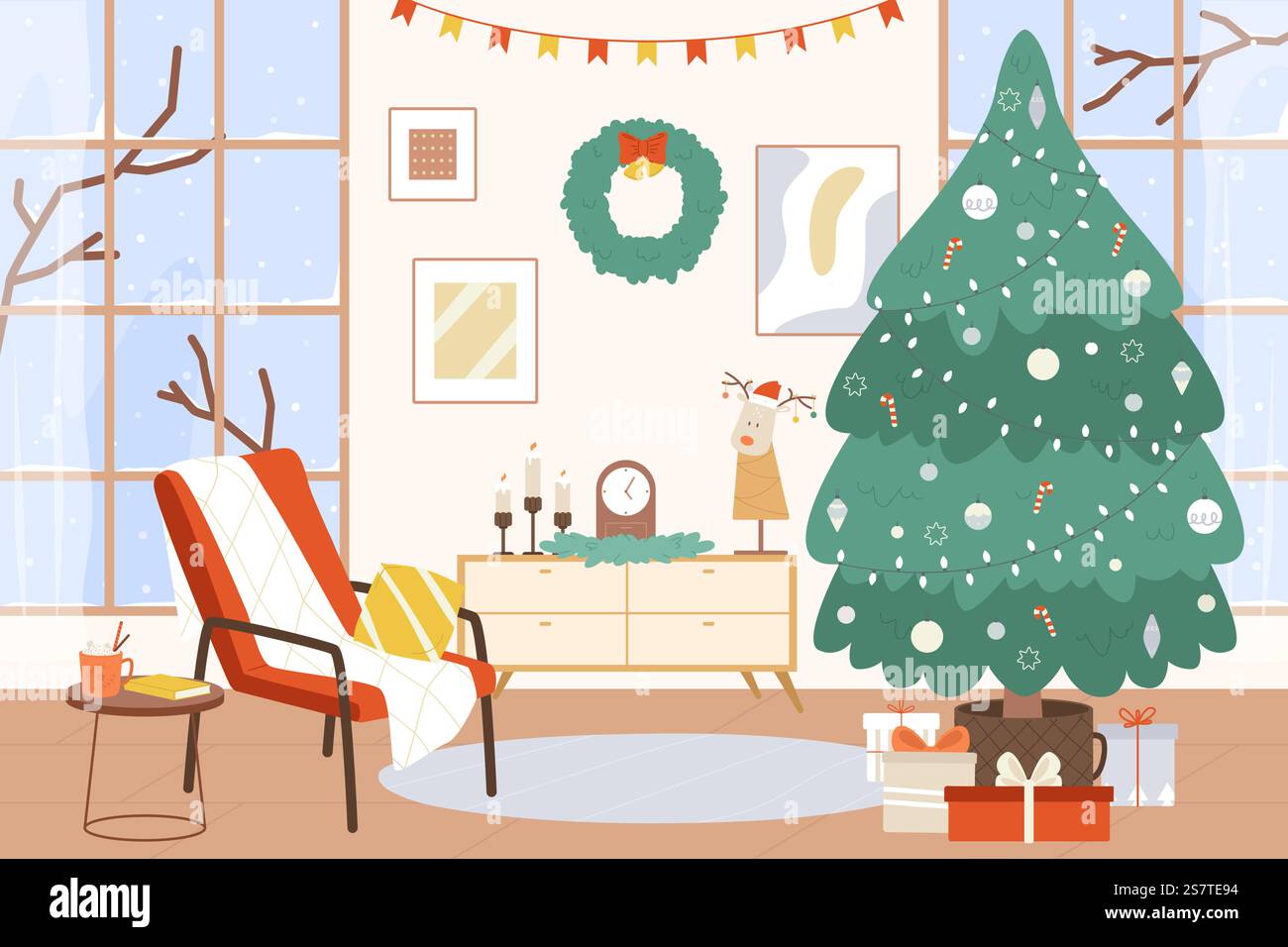 Intérieur de salon d'arbre de Noël. Zone de vacances d'hiver avec fenêtre enneigée. Coffrets cadeaux de Noël et décorations du nouvel an. Scène vectorielle de dessin animé snugly de la pièce à la maison intérieure, illustration d'arbre de noël. Intérieur de salon d'arbre de Noël. Zone de vacances d'hiver avec fenêtre enneigée. Coffrets cadeaux de Noël et décorations du nouvel an. Scène vectorielle de dessin animé bien ajustée Illustration de Vecteur