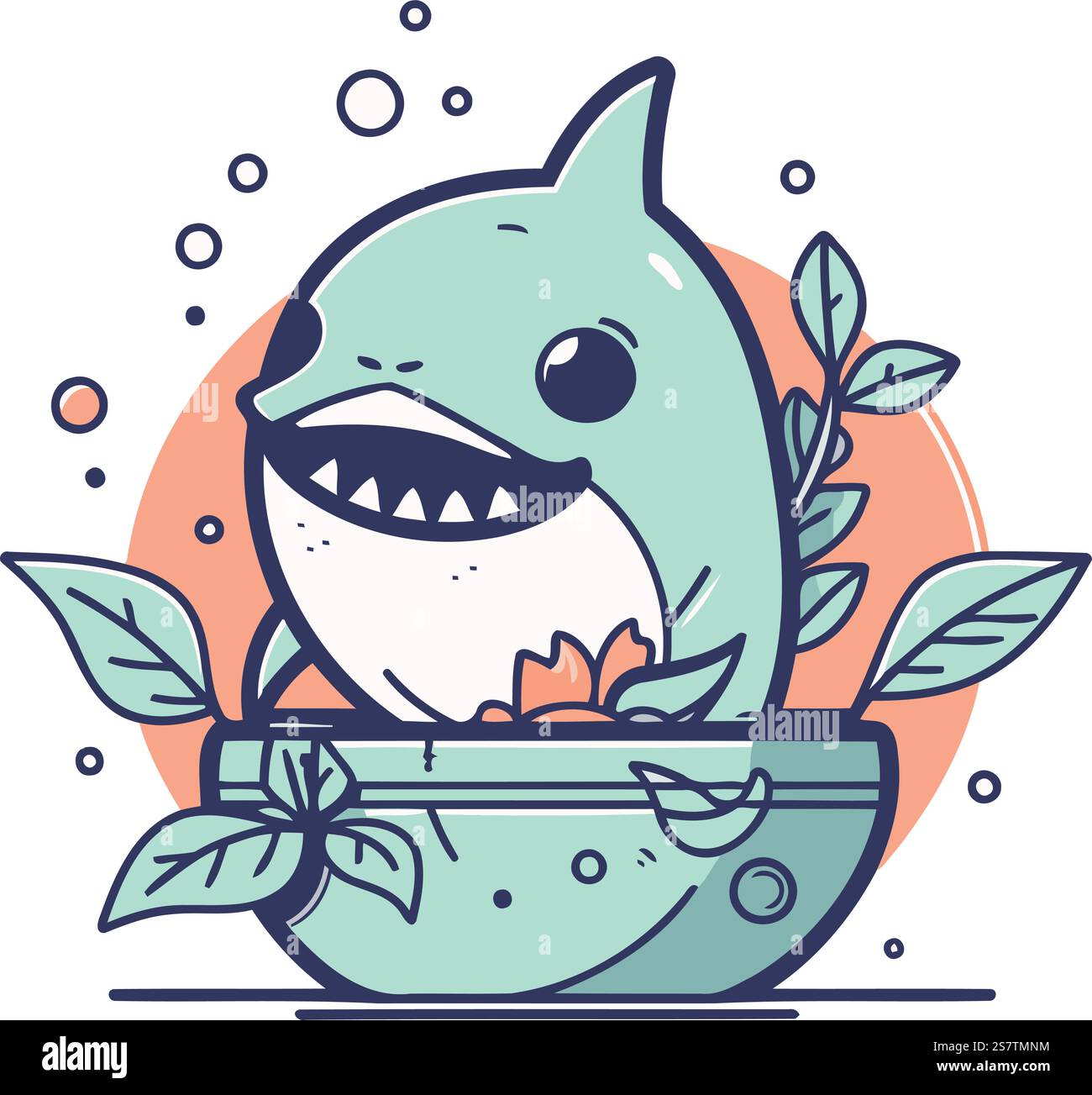 Requin de dessin animé mignon dans un pot avec des fleurs. Illustration vectorielle. Illustration de Vecteur