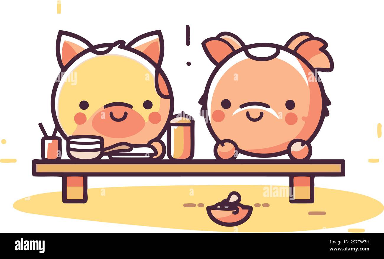 Mignon cochon et chat assis sur la table. Illustration vectorielle. Illustration de Vecteur