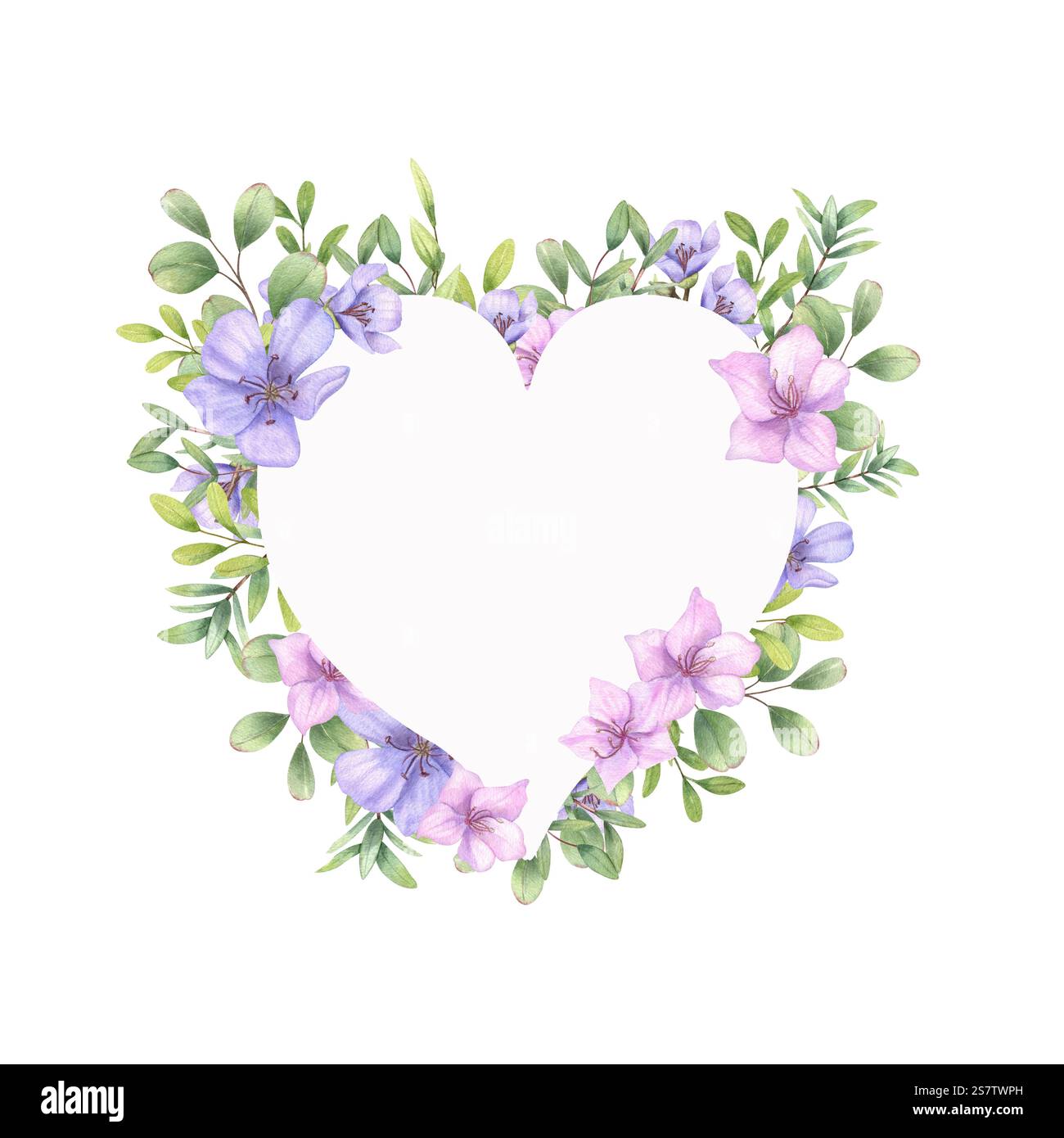 Fleurs roses bleues avec cadre de feuilles en forme de coeur illustration. Fleurs sauvages printanières, feuillage vert eucalyptus composition Saint-Valentin Banque D'Images