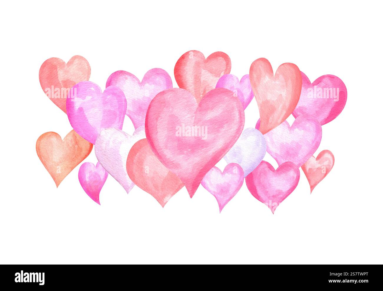 Dense groupe de romance rose coeurs rouges illustration isolé fond. Saint-Valentin, anniversaire décoratif de symboles d'amour composition pour le décor de paquet Banque D'Images