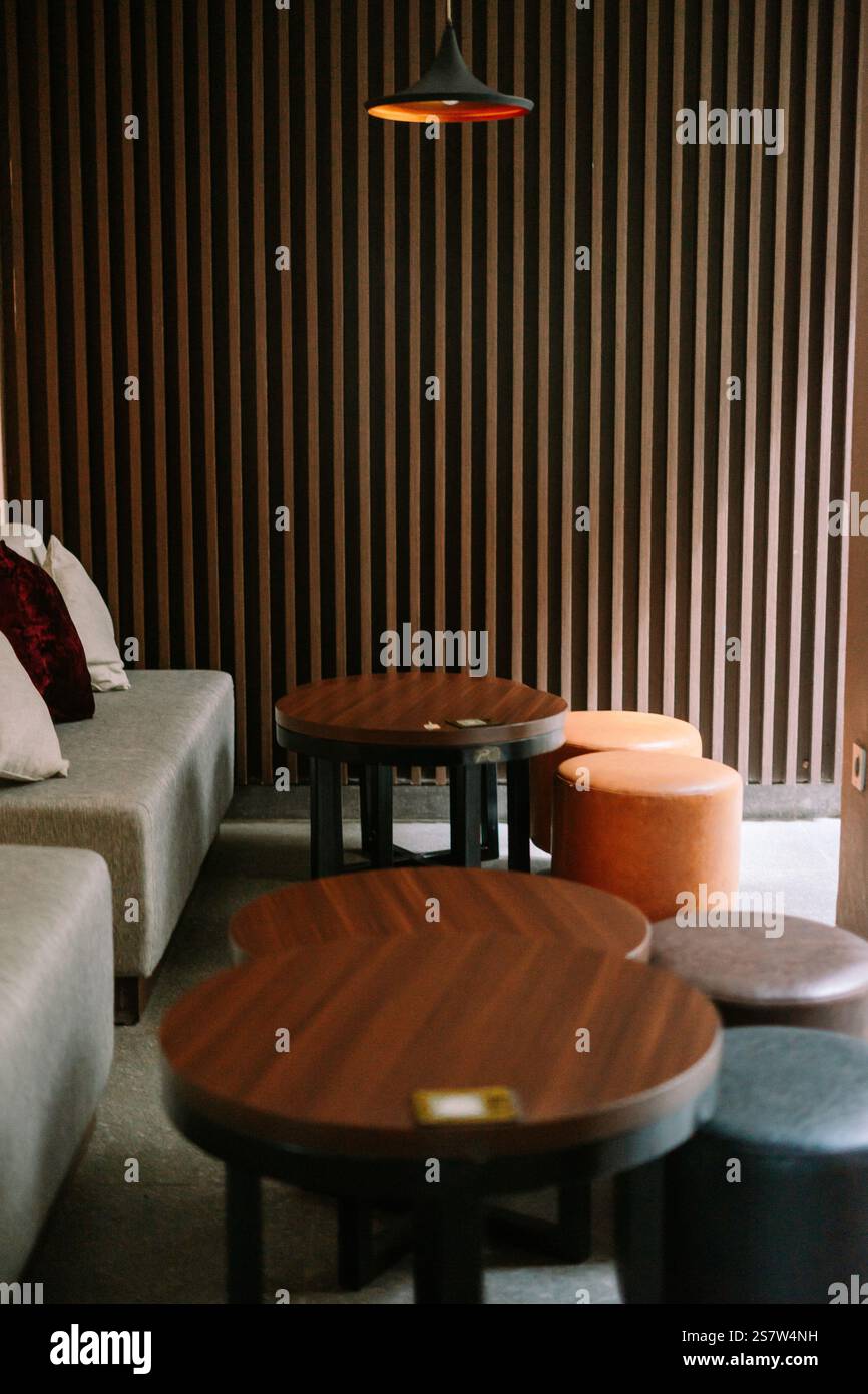 Salon accueillant avec sièges confortables, tables en bois et éclairage moderne. Banque D'Images
