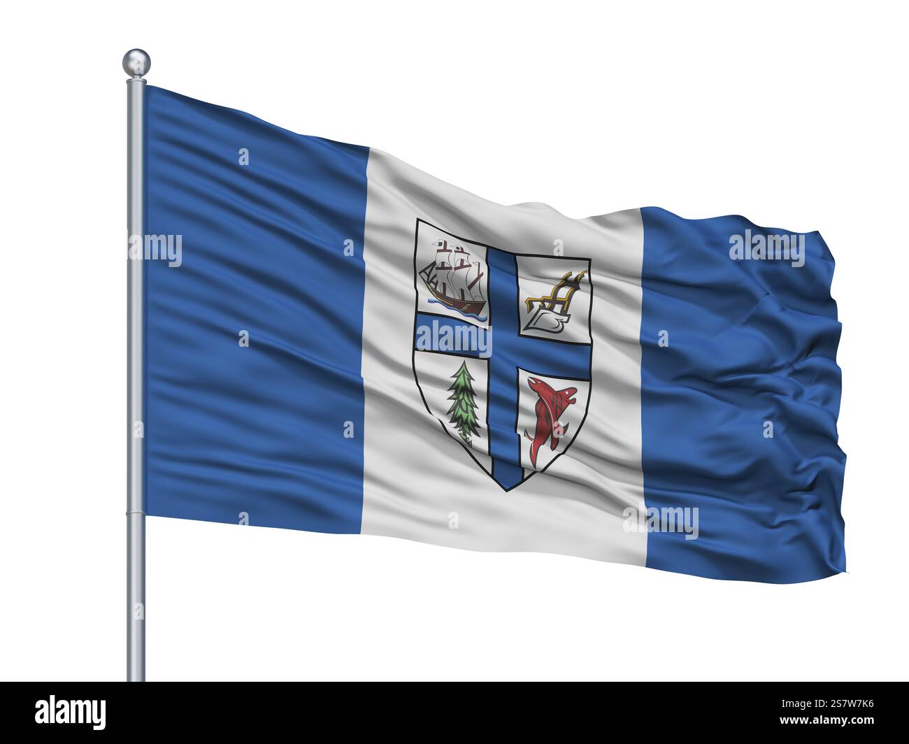 New Westminster City drapeau sur mât, Country Canada, Province de la Colombie-Britannique, isolé sur fond blanc Banque D'Images