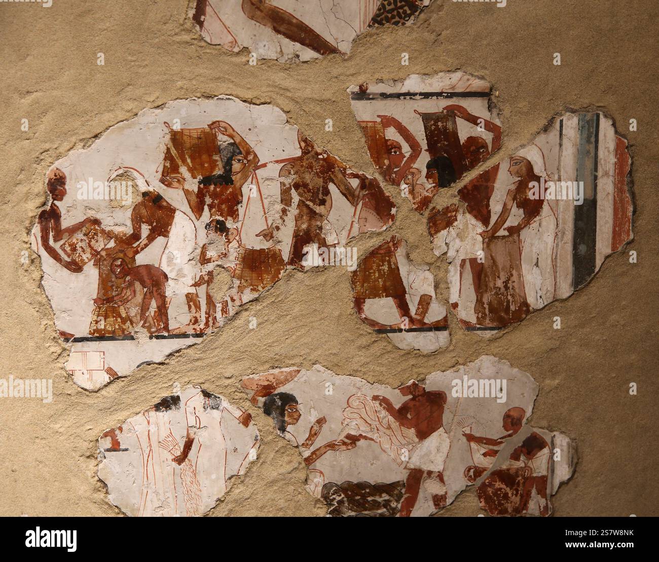 Peinture murale. Chapelles funéraires. 18e dynastie. New Kingdom. (1480-1390 AV. J.-C.). Verser du vin dans des amphores avec un siphon, récolter et blanchir. TheB Banque D'Images