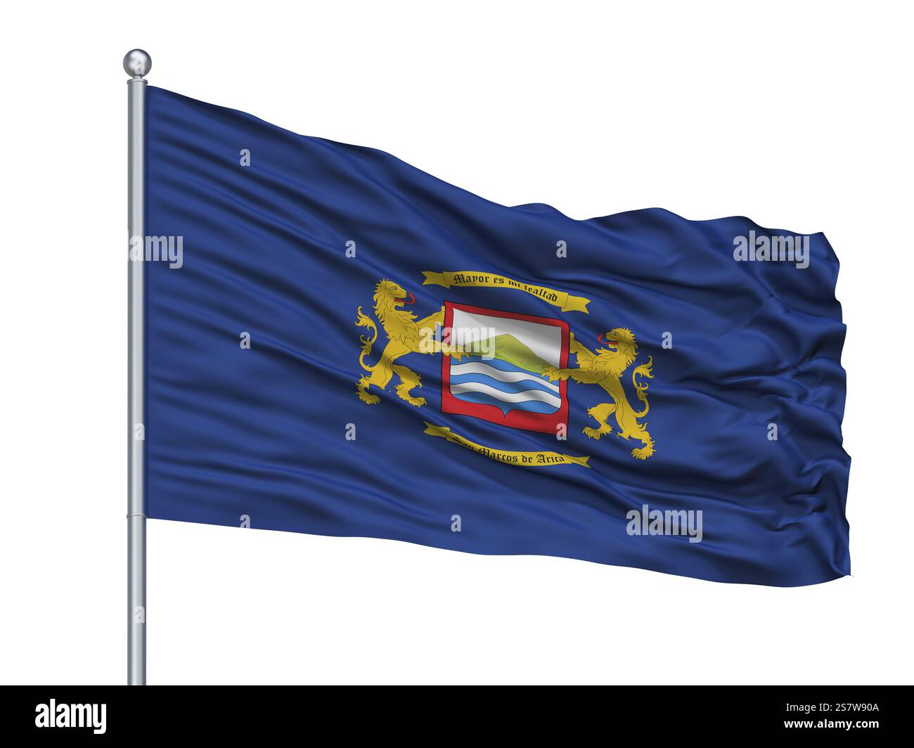 Drapeau de ville d'Arica sur mât de drapeau, pays Chili, isolé sur fond blanc, rendu 3D. Banque D'Images