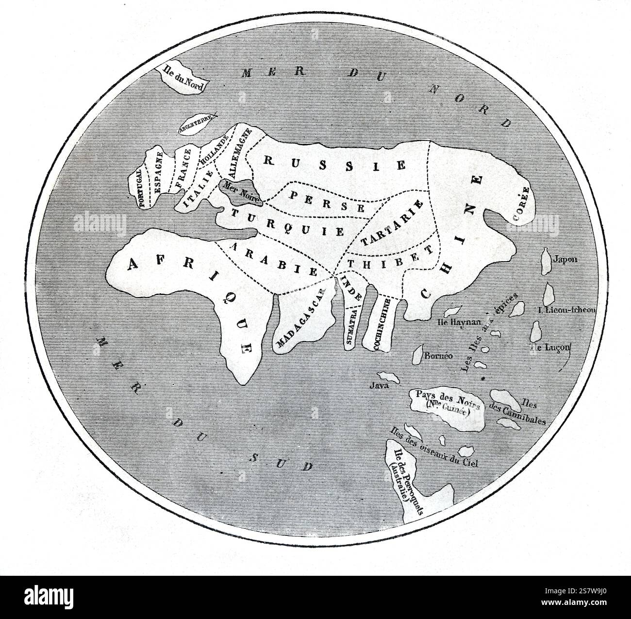 Carte du monde médiéval chinois ou Mappa Mundi. Gravure ou illustration vintage ou historique Banque D'Images
