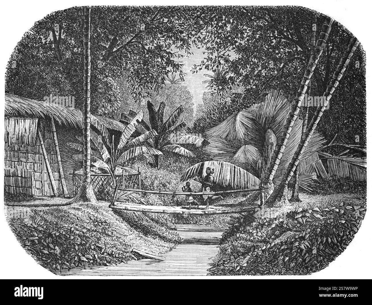 Village forestier traditionnel avec huttes en herbe et passerelle en bambou près de Jakarta, anciennement Batavia, Java Indonésie. Gravure vintage ou historique ou illustration 1864 Banque D'Images
