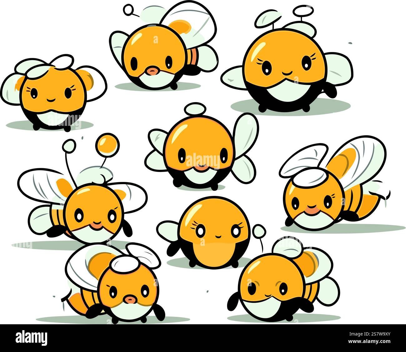 Personnage d'abeille de dessin animé avec différentes expressions faciales. Illustration vectorielle isolée sur blanc. Illustration de Vecteur