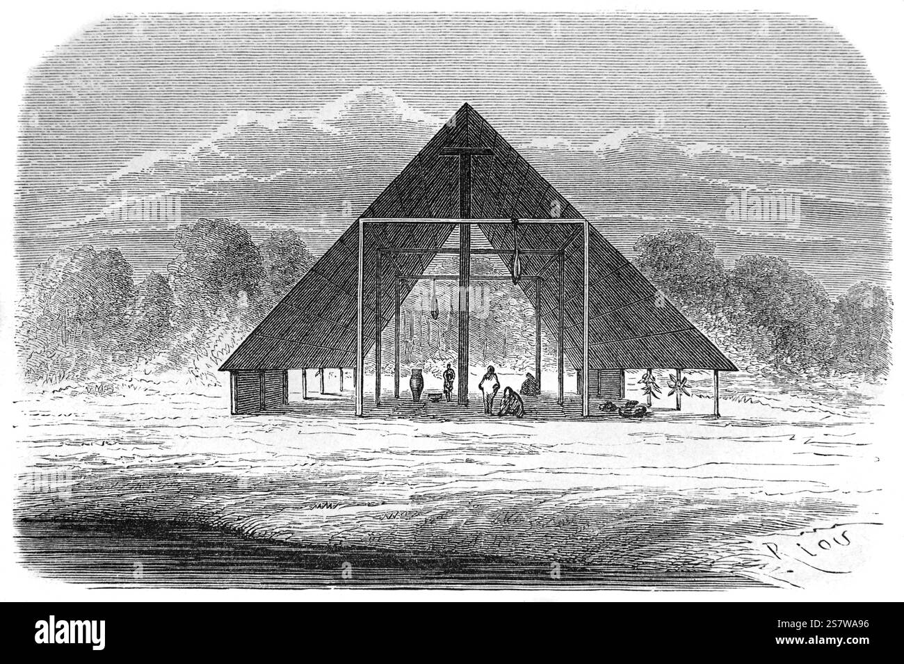 Shipibo-Conibo Longhouse, long House, Grass Hut, logement communal ou Forest Village. Les Shipibo-Conibo sont un peuple indigène du Pérou vivant le long de la rivière Ucayali dans la forêt amazonienne du Pérou en Amérique du Sud. Illustration vintage ou historique ou gravure 1864 Banque D'Images