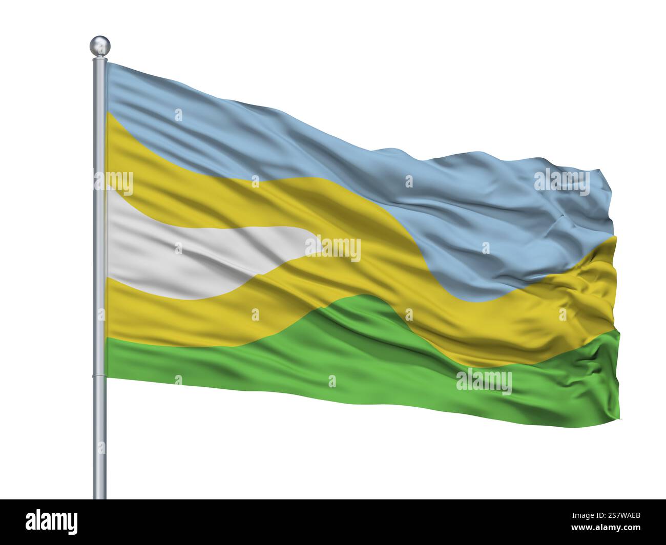 San Jose Del Guaviare drapeau de la ville sur mât, pays Colombie, isolé sur fond blanc, rendu 3D. Banque D'Images