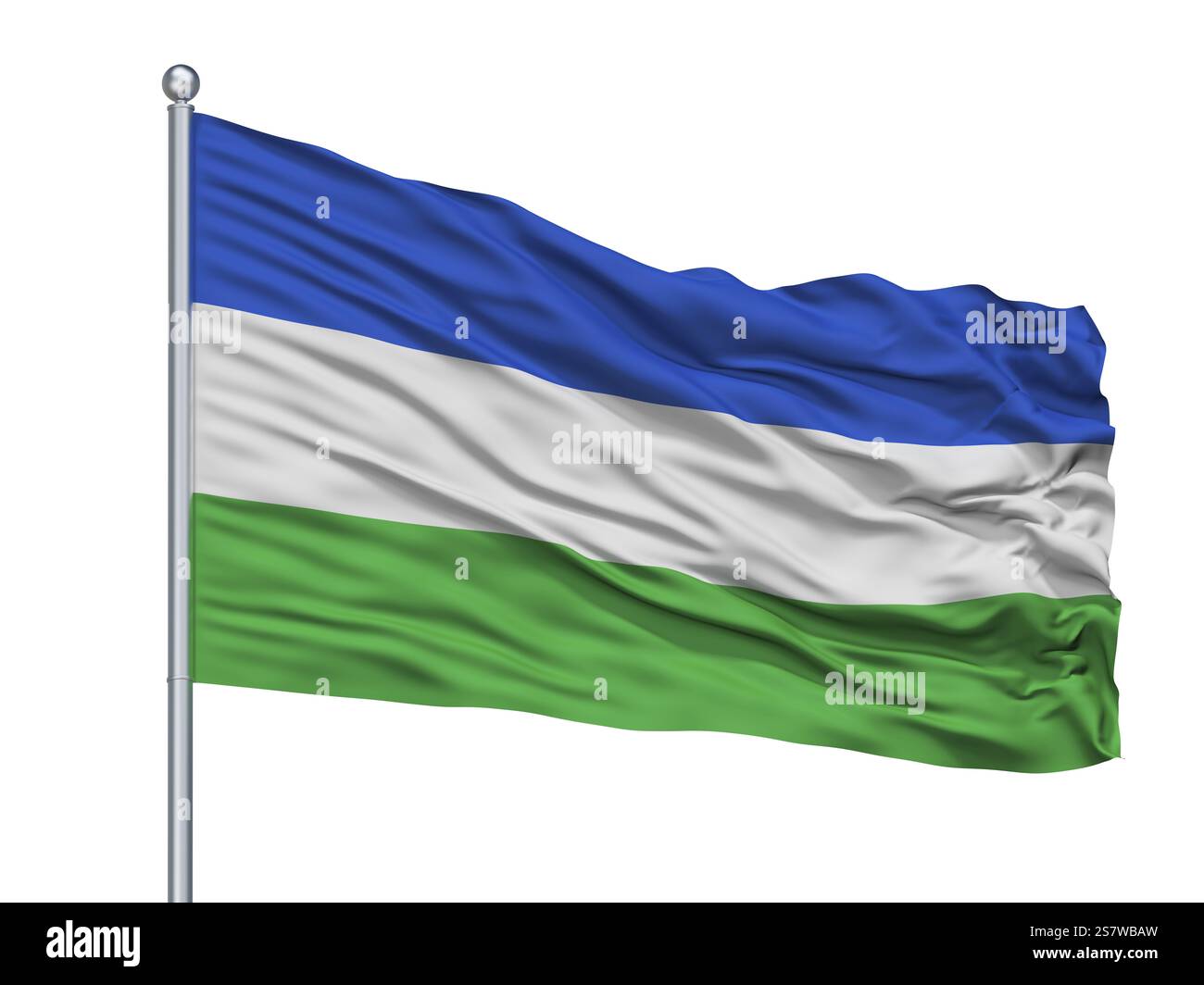 Drapeau de ville de Pacho sur mât, pays Colombie, département de Cundinamarca, isolé sur fond blanc, rendu 3D. Banque D'Images