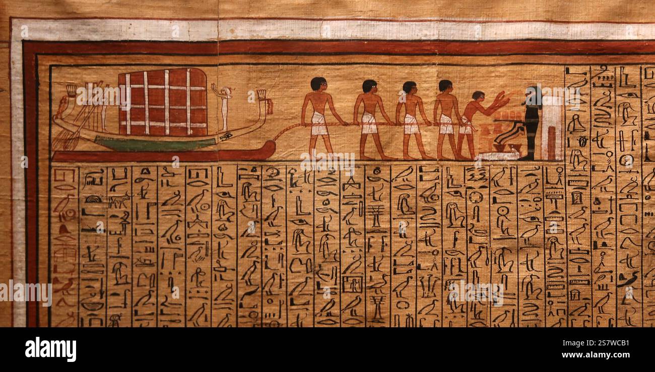 Procession funéraire de mort emmenant la momie à la nécropole. "Livre des morts de Kha". Papyrus. Deir el-Medina, Thèbes occidentales. Nouveau Royaume, (18e dynastie Banque D'Images