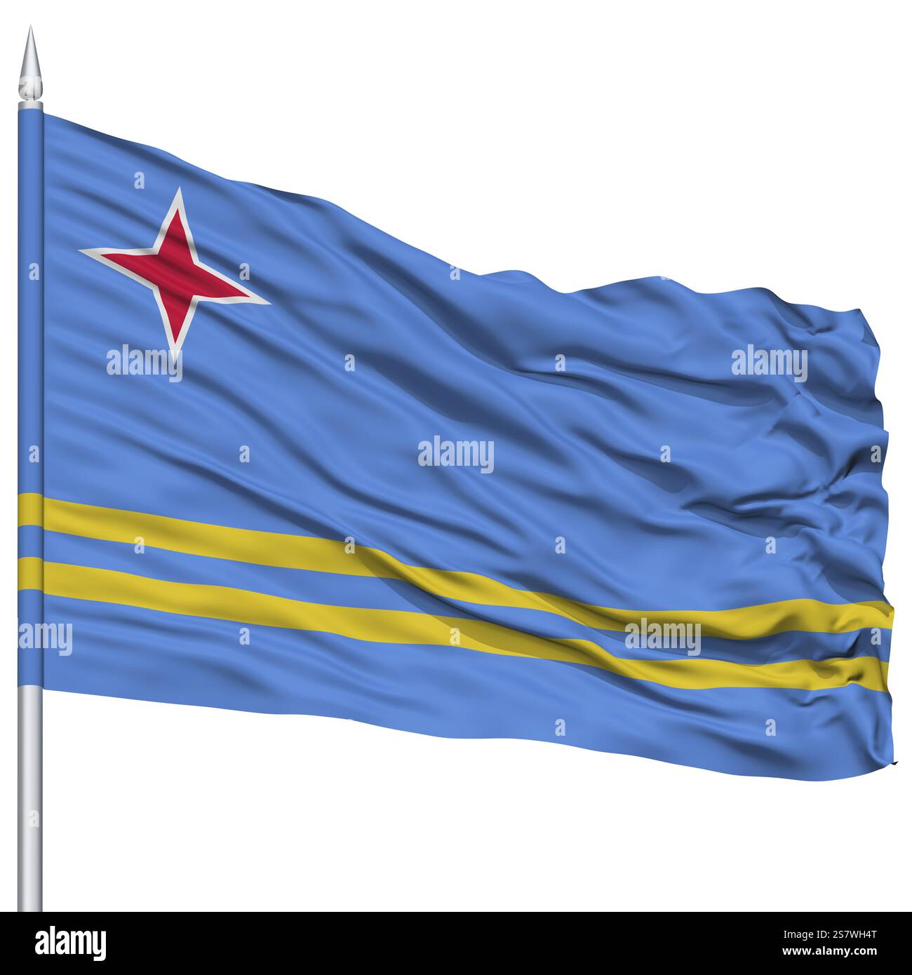 Aruba drapeau sur mât, volant dans le vent, isolé sur fond blanc Banque D'Images