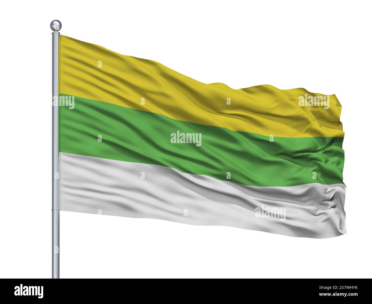 Drapeau de ville de Bugalagrande sur mât, pays Colombie, département de Valle Del Cauca, isolé sur fond blanc, rendu 3D. Banque D'Images