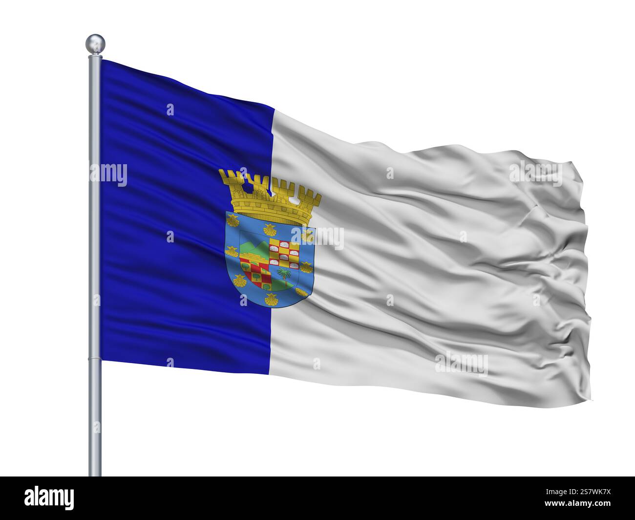 Conchali City drapeau sur mât, pays Chili, isolé sur fond blanc, rendu 3D. Banque D'Images