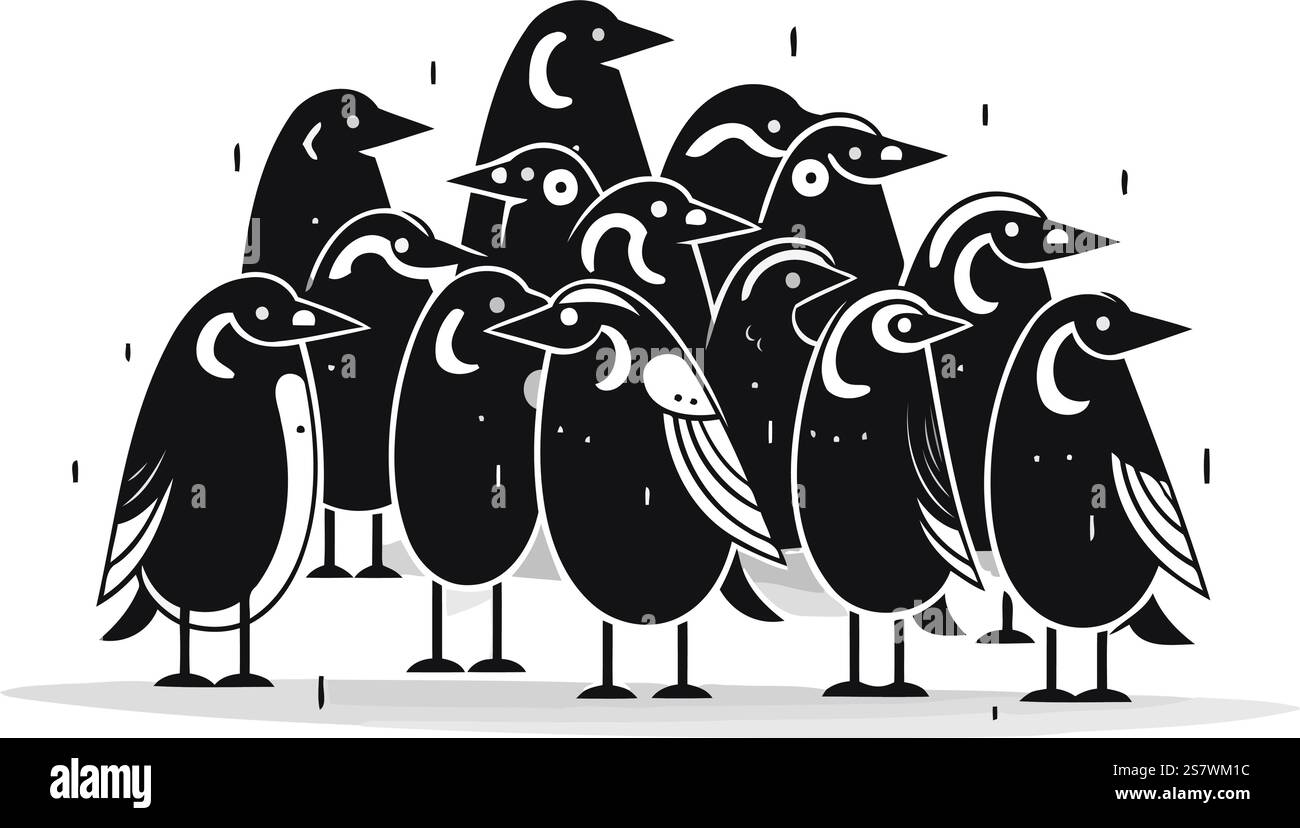 Groupe de pingouins. Illustration vectorielle en noir et blanc isolée sur fond blanc. Illustration de Vecteur