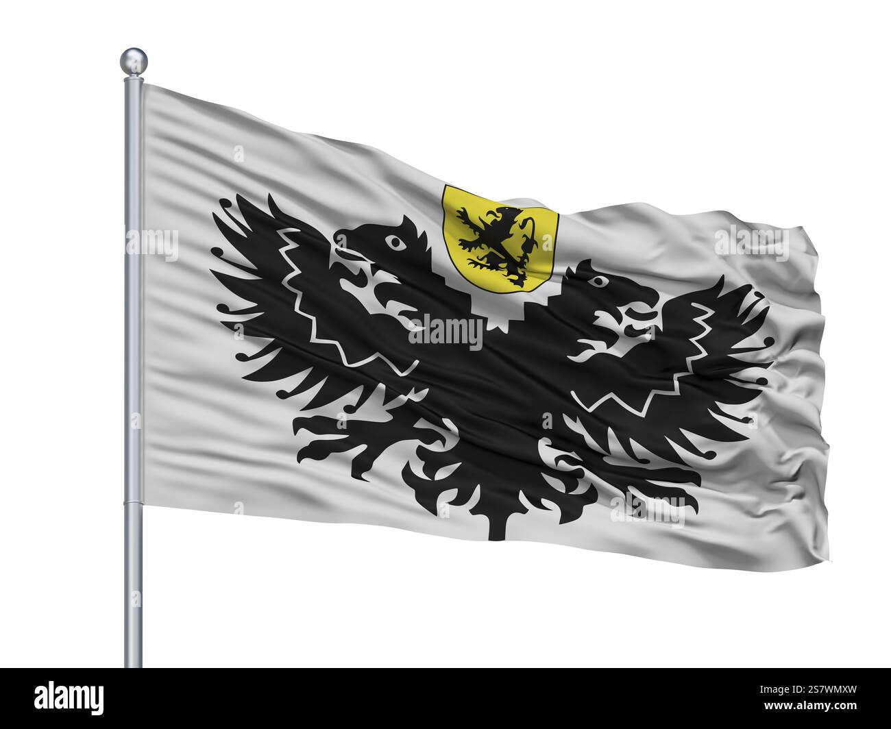 LO Reninge drapeau de ville sur mât de drapeau, pays Belgique, isolé sur fond blanc, rendu 3D. Banque D'Images