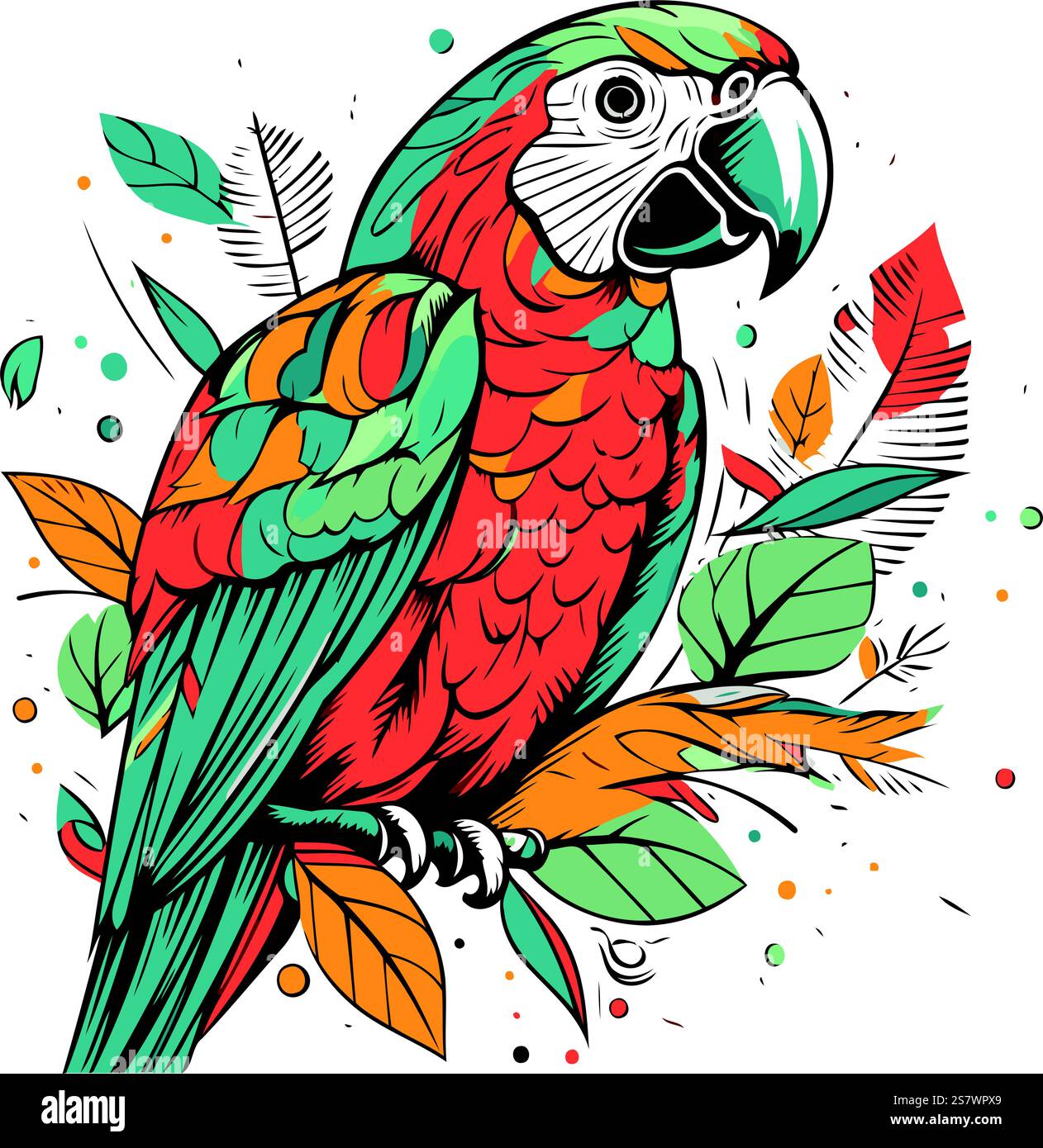 Illustration vectorielle dessinée à la main de perroquet coloré avec des feuilles tropicales sur fond blanc. Illustration de Vecteur