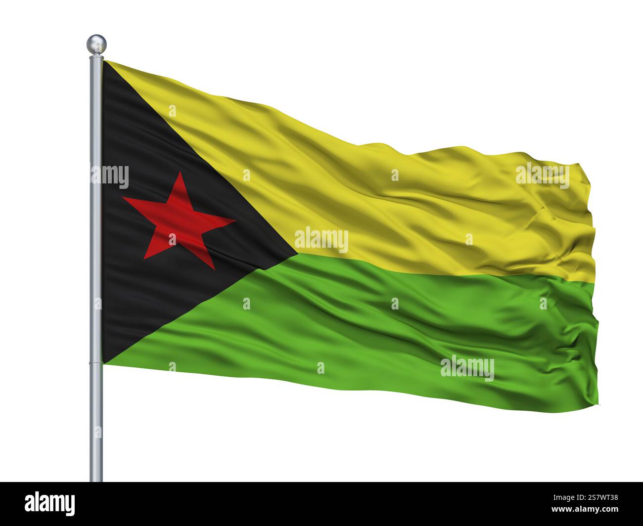Drapeau de ville d'Amaga sur mât de drapeau, pays Colombie, isolé sur fond blanc, rendu 3D. Banque D'Images