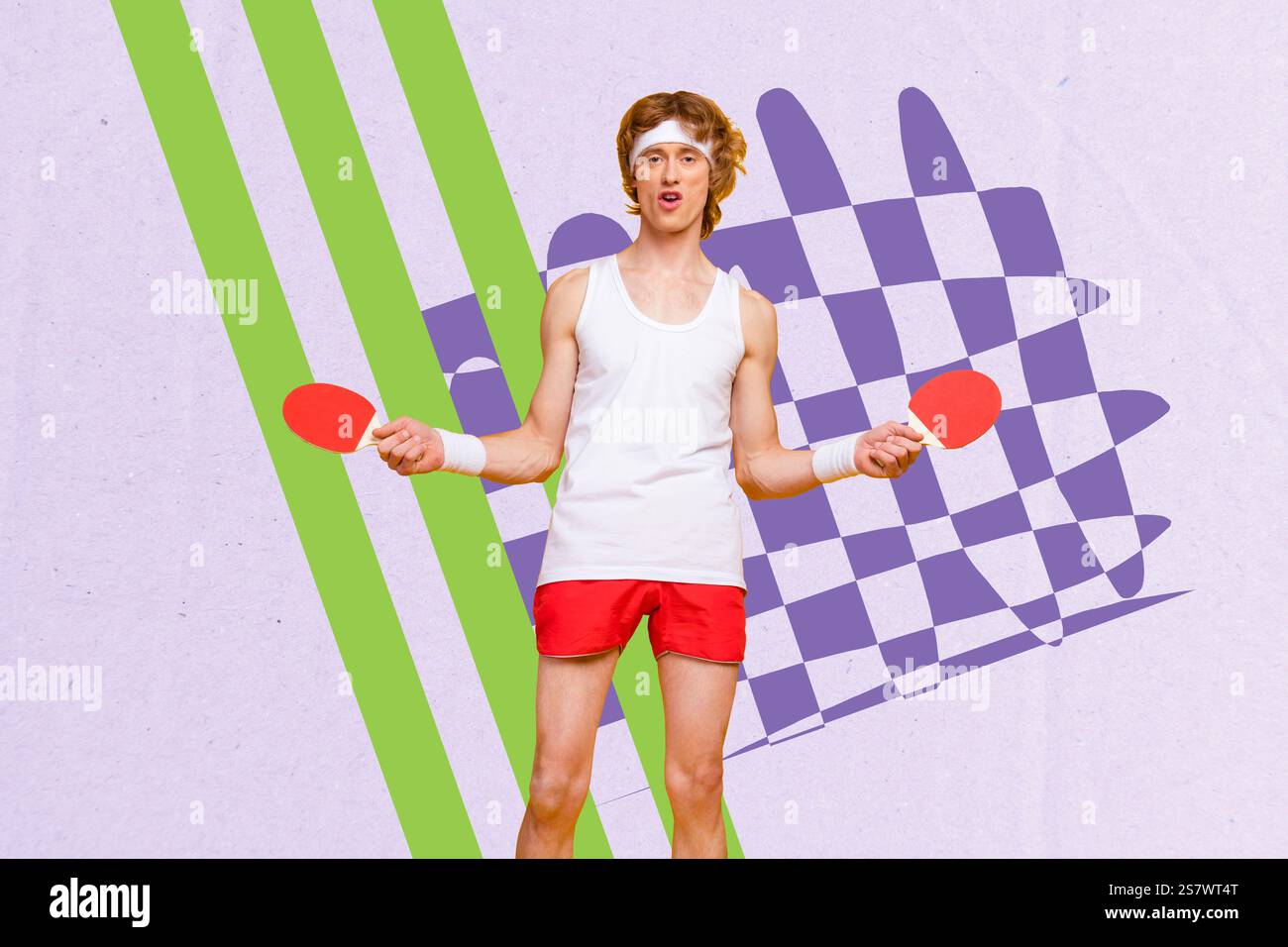 Croquis créatif collage de sportif heureux tenir une table de tennis de table fusée ping-pong activité vainqueur du jeu de tournoi pratiquant passe-temps Banque D'Images