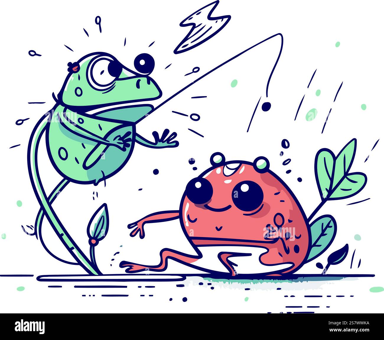 Pêche drôle de grenouille avec une canne. Illustration vectorielle pour votre conception Illustration de Vecteur