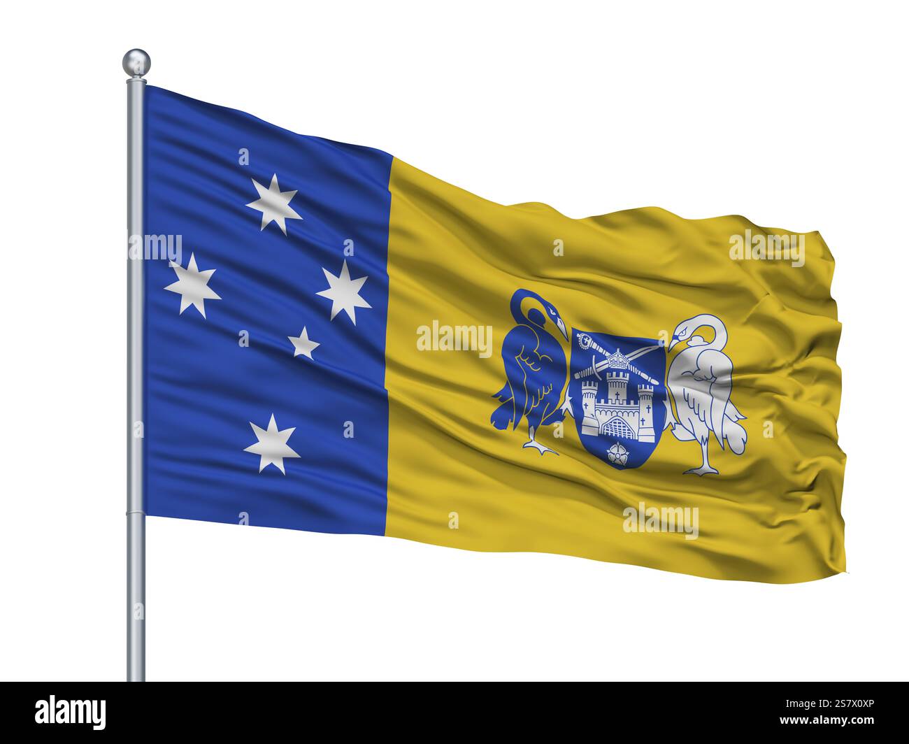 Territoire de la capitale australienne drapeau de ville sur mât, pays Australie, isolé sur fond blanc, rendu 3D. Banque D'Images