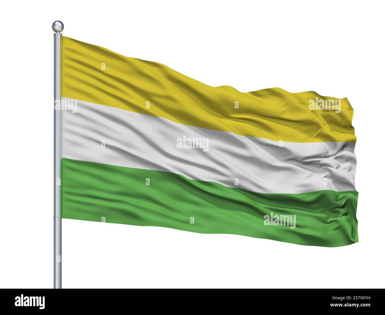 Drapeau de la ville d'Amalfi sur mât, pays Colombie, département d'Antioquia, isolé sur fond blanc, rendu 3D. Banque D'Images