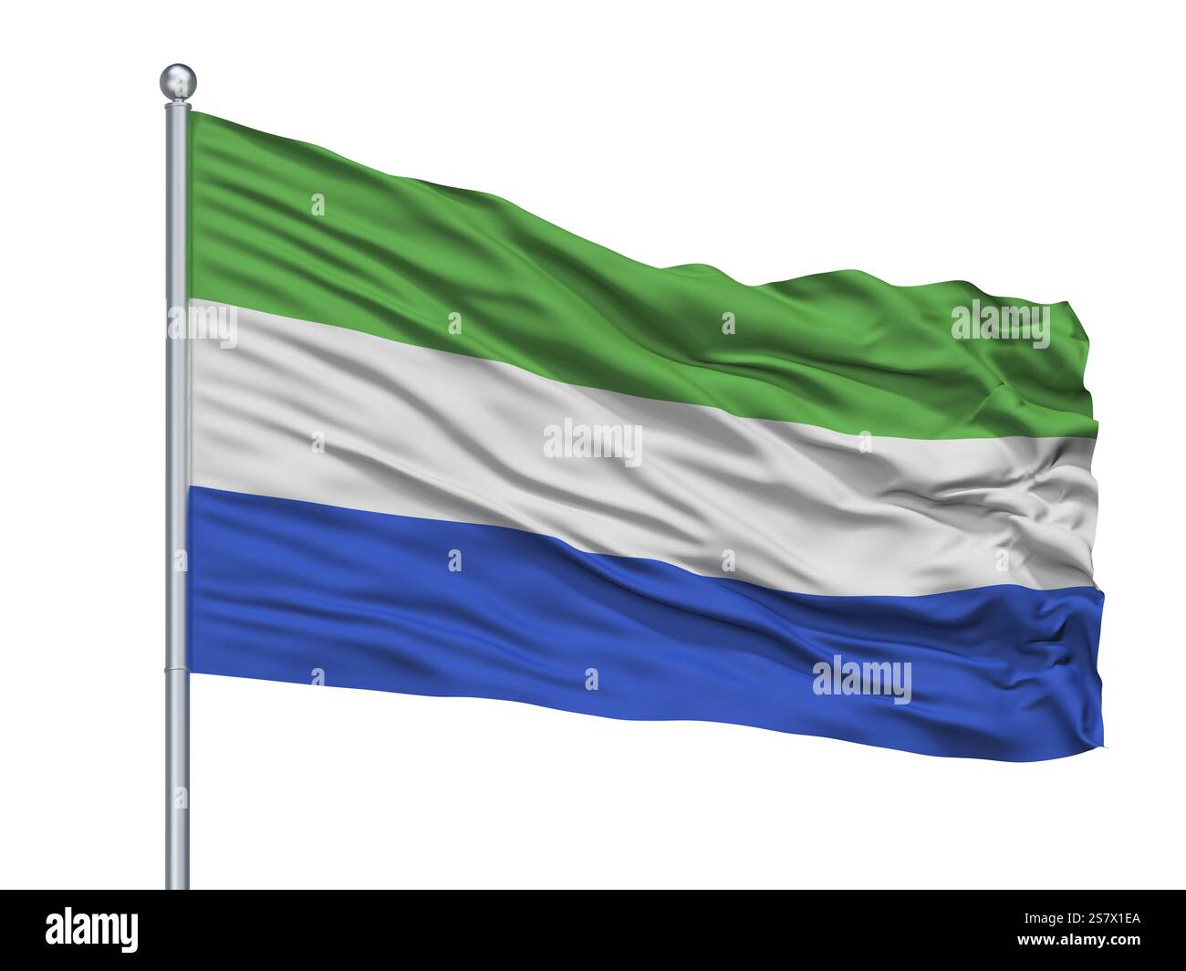 Drapeau de la ville de Nimaima sur mât, pays Colombie, isolé sur fond blanc, rendu 3D. Banque D'Images