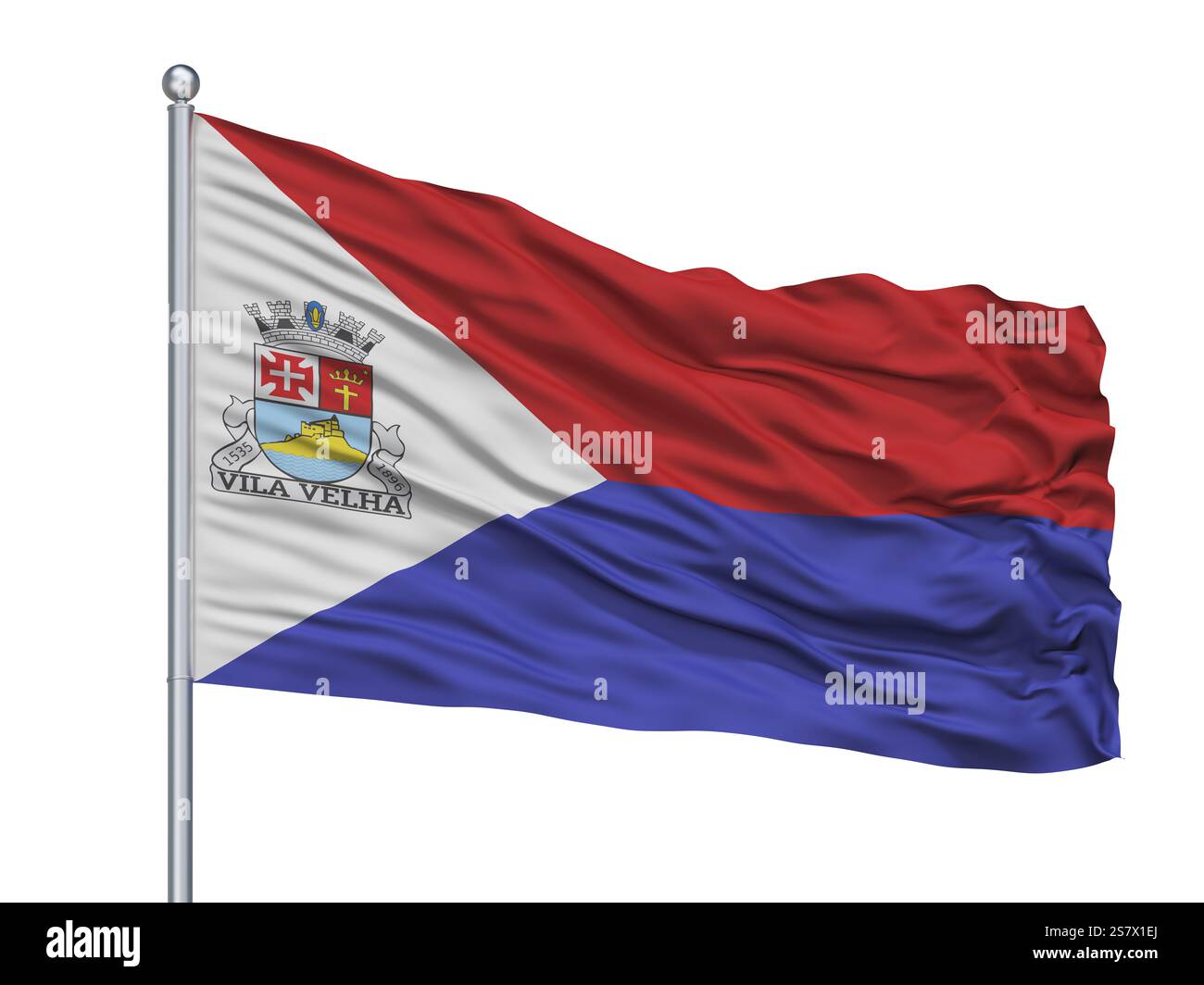 Vila Velha drapeau de ville sur mât de drapeau, pays Brasil, Espirito Santo, isolé sur fond blanc, rendu 3D. Banque D'Images