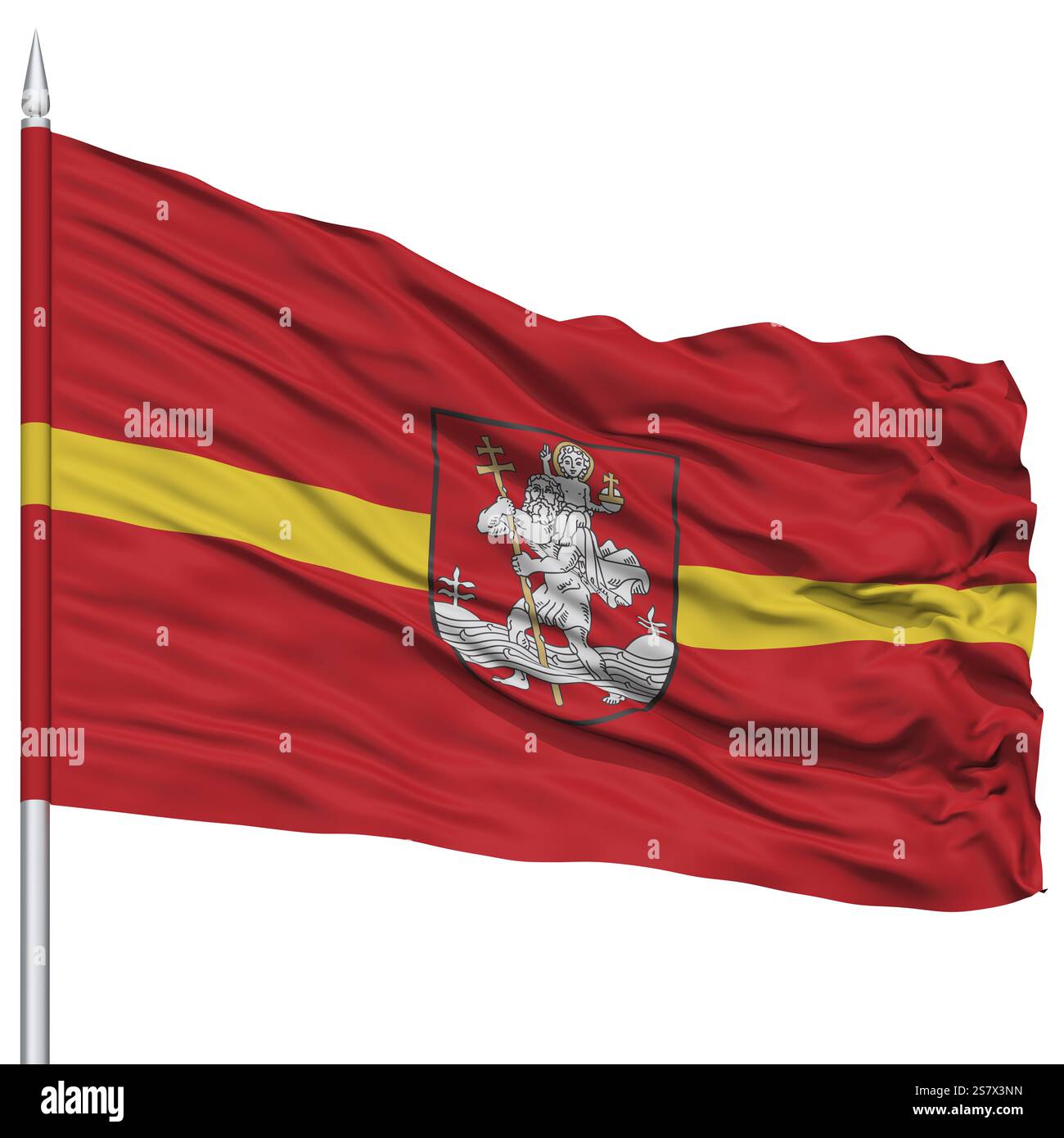 La ville de Vilnius drapeau sur mât, Capitale de la Lituanie, volant dans le vent, isolé sur fond blanc Banque D'Images