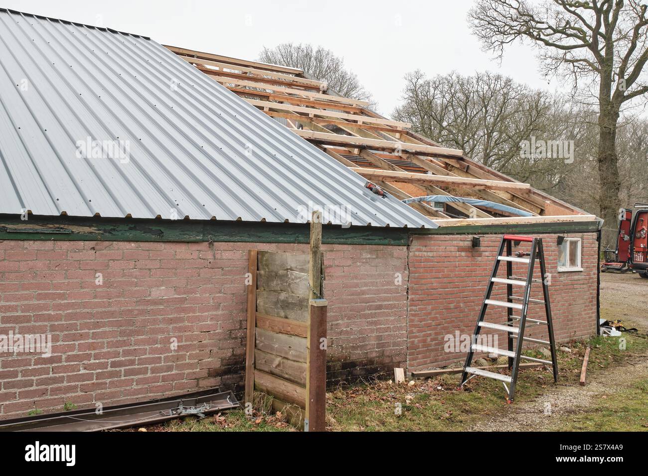 14 janvier 2025 - Hoogeveen, pays-Bas : un toit en tôle sur une ferme est remplacé par des panneaux en tôle sandwich isolés modernes, au milieu Banque D'Images