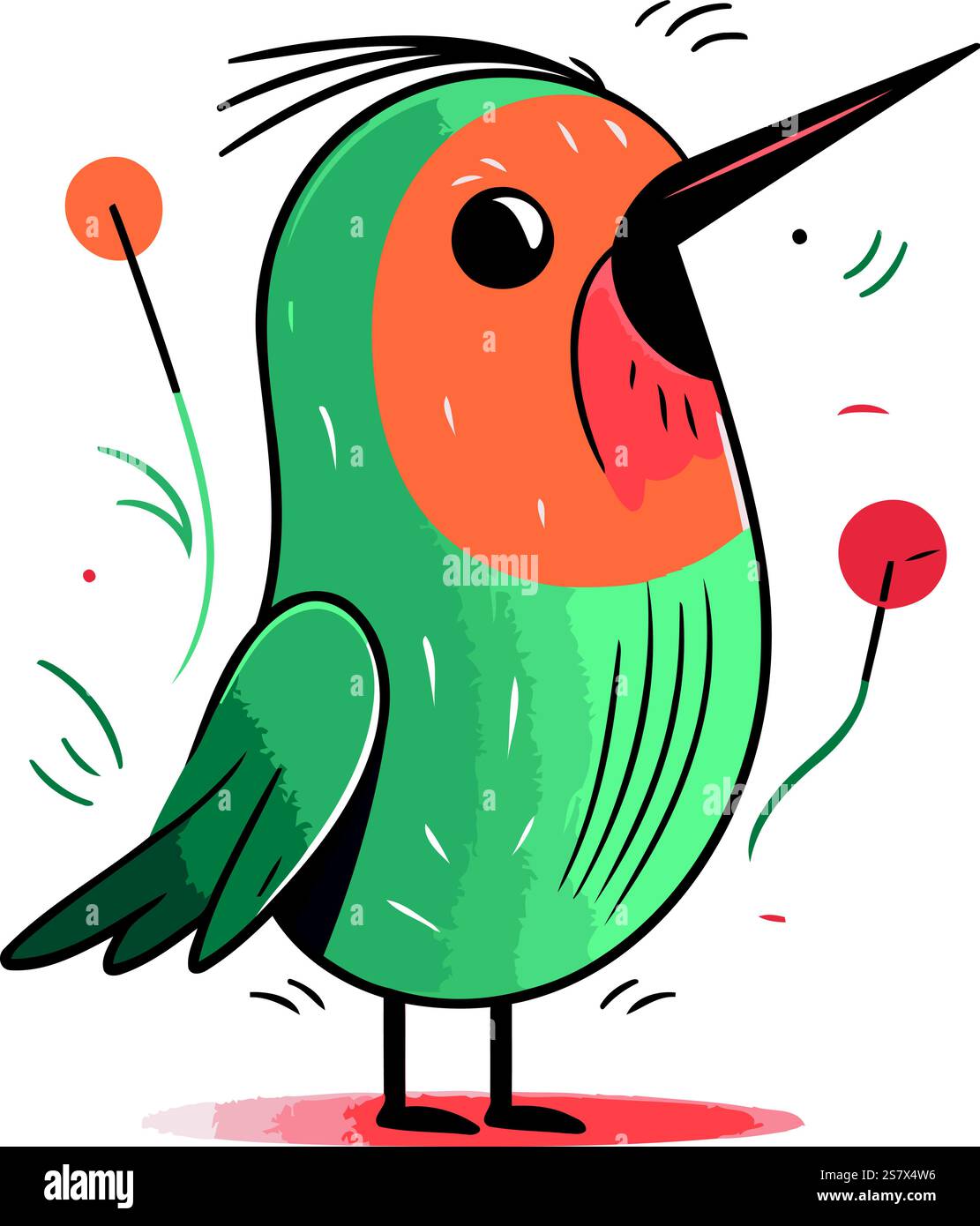 Illustration vectorielle d'oiseau de dessin animé mignon dans un style plat. Oiseau mignon avec une fleur. Illustration de Vecteur