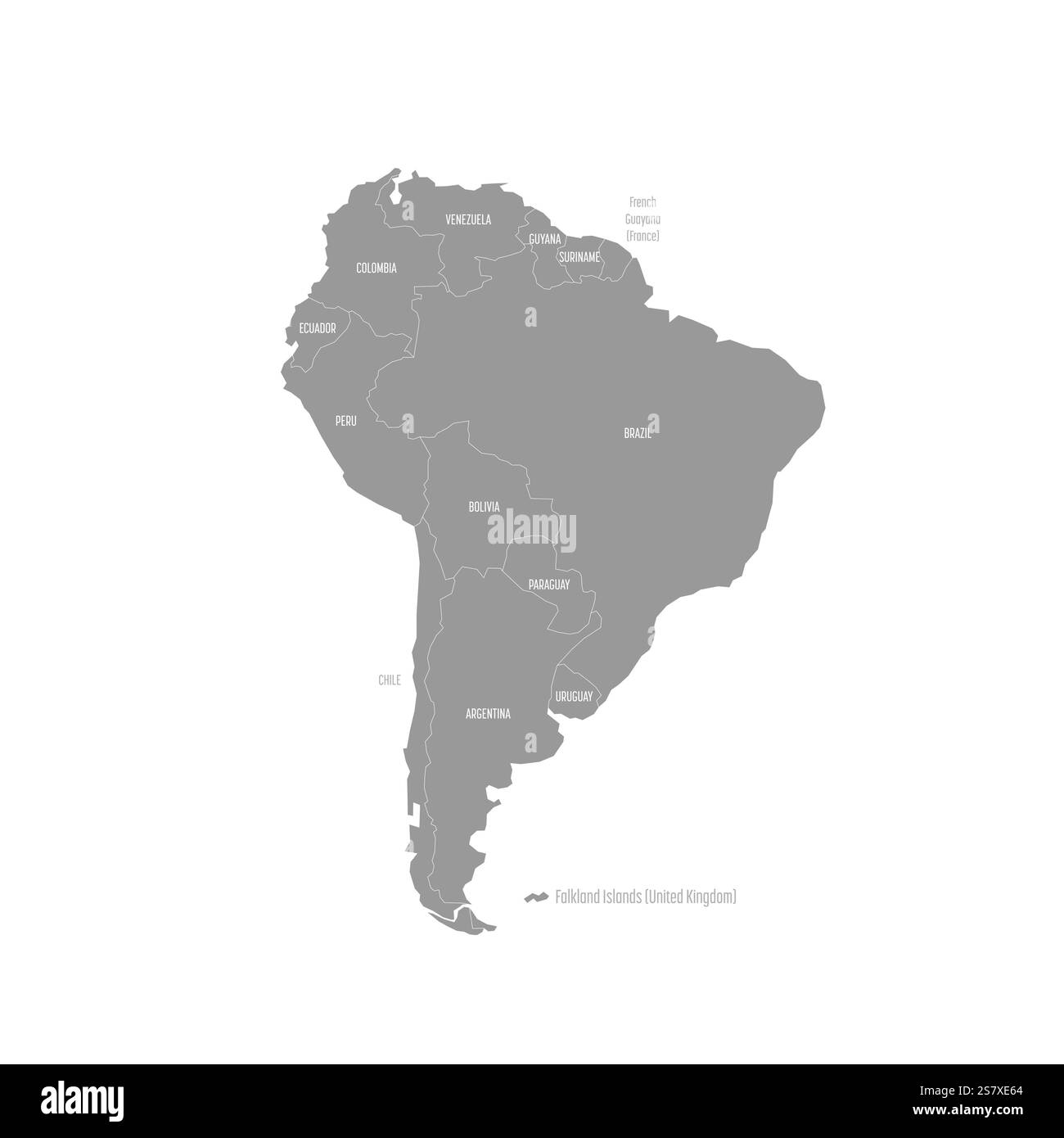 Carte politique détaillée mettant en évidence les frontières nationales à travers l'Amérique du Sud, y compris le Brésil, l'Argentine et le Chili. Une référence utile pour les études de géographie. Illustration de Vecteur