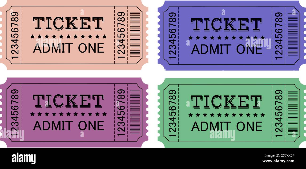 Collection de 4 modèles de tickets de différentes couleurs. Illustration de Vecteur