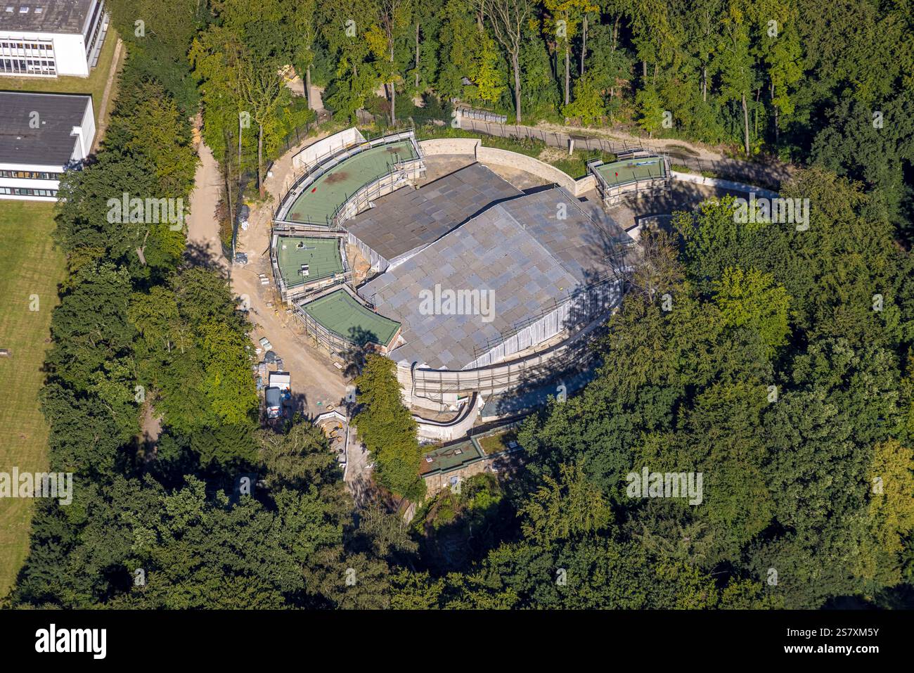 Vue aérienne, zoo de Dortmund, chantier avec nouvelle enceinte à phoques, Rombergpark-Lücklemberg, Dortmund, région de la Ruhr, Rhénanie du Nord-Westphalie, Allemagne Banque D'Images