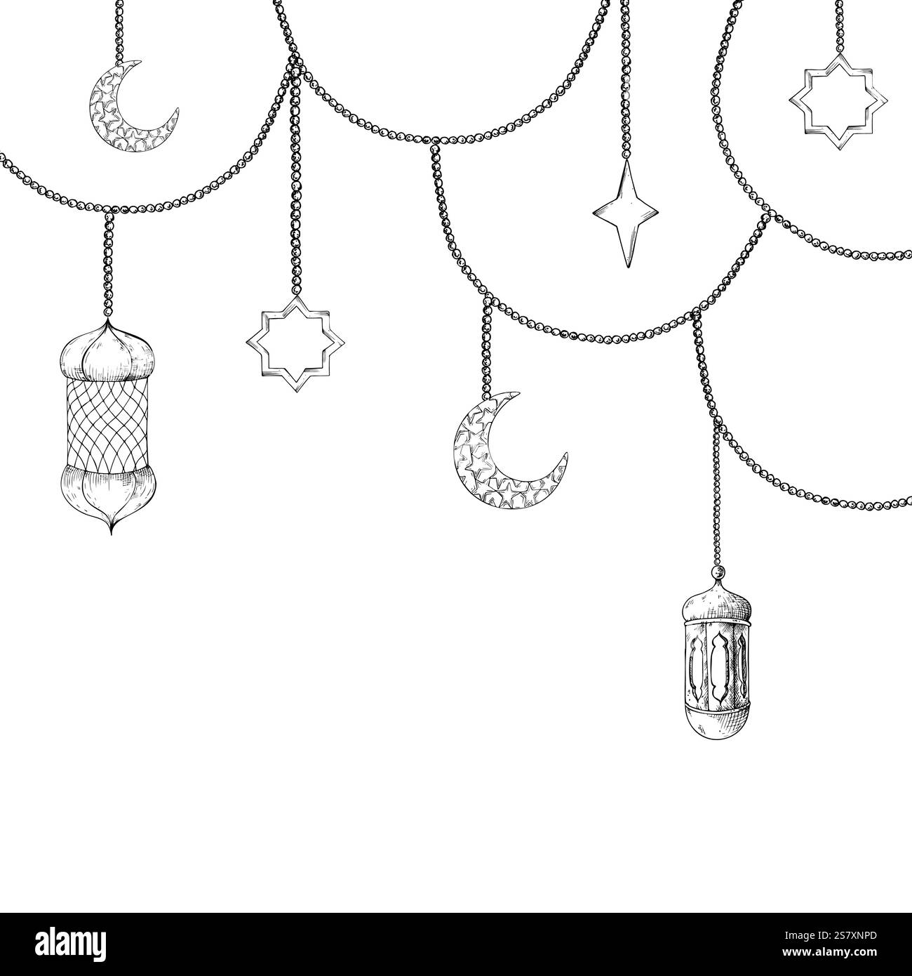 Cadre vectoriel avec mosaïque arabe marocaine, lanterne, lumière, étoiles en croissant sur chaînes. Illustration graphique isolée sur fond blanc. Main musulmane Illustration de Vecteur