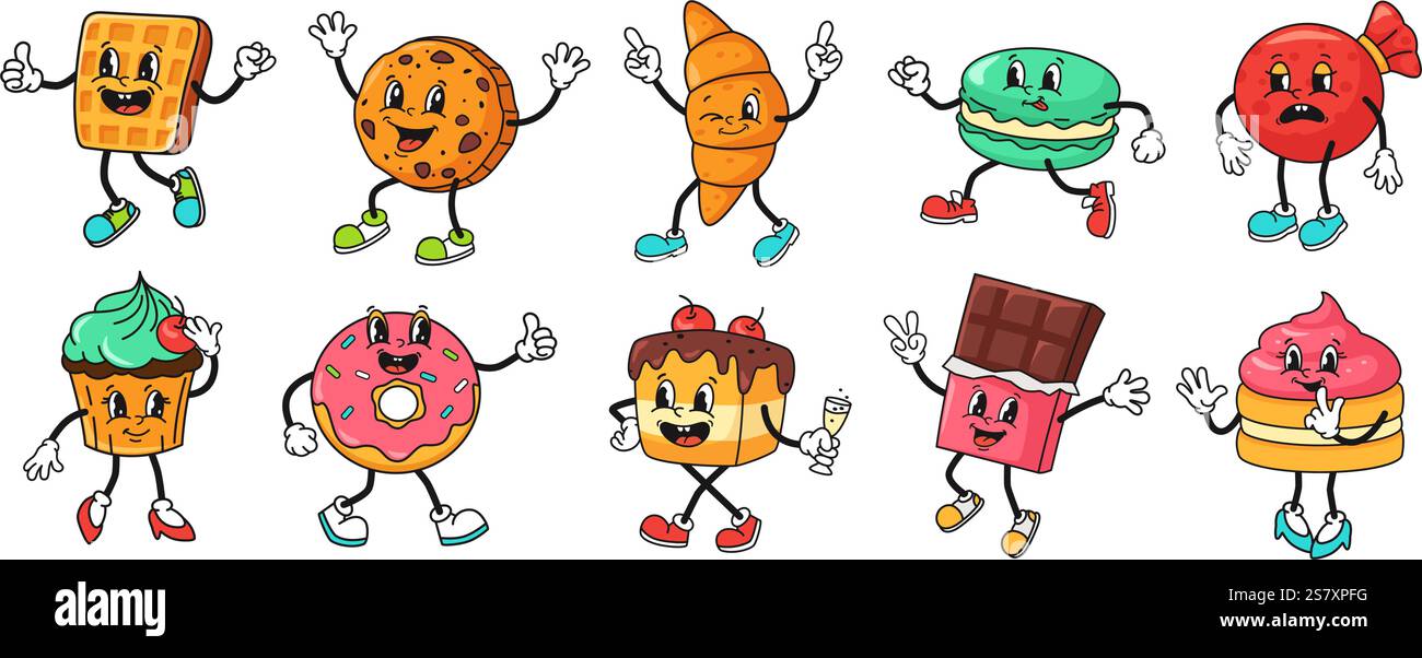 Caractère dessert rétro. Mascottes de bonbons de dessin animé, biscuit souriant, gaufre ludique, croissant et macaron savoureux. Cupcake mignon, beignet drôle, barre de chocolat Illustration de Vecteur