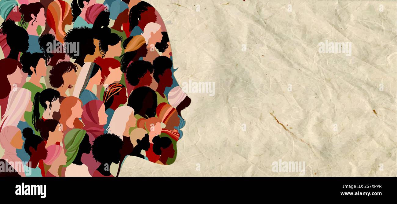 Profil silhouette groupe de nombreuses femmes et filles multiculturelles formant une tête de femme dans le profil. Communauté féminine de réseau social. Égalité raciale Illustration de Vecteur