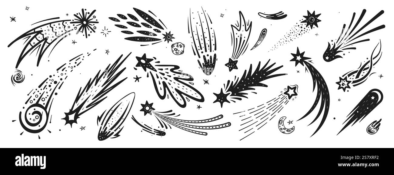 Doodle Space Shooting Stars avec des traînées, silhouettes d'étoiles dessinées à la main dans le ciel nocturne. Vecteurs ensemble de météores noirs ou astéroïdes. Chute cosmique Illustration de Vecteur