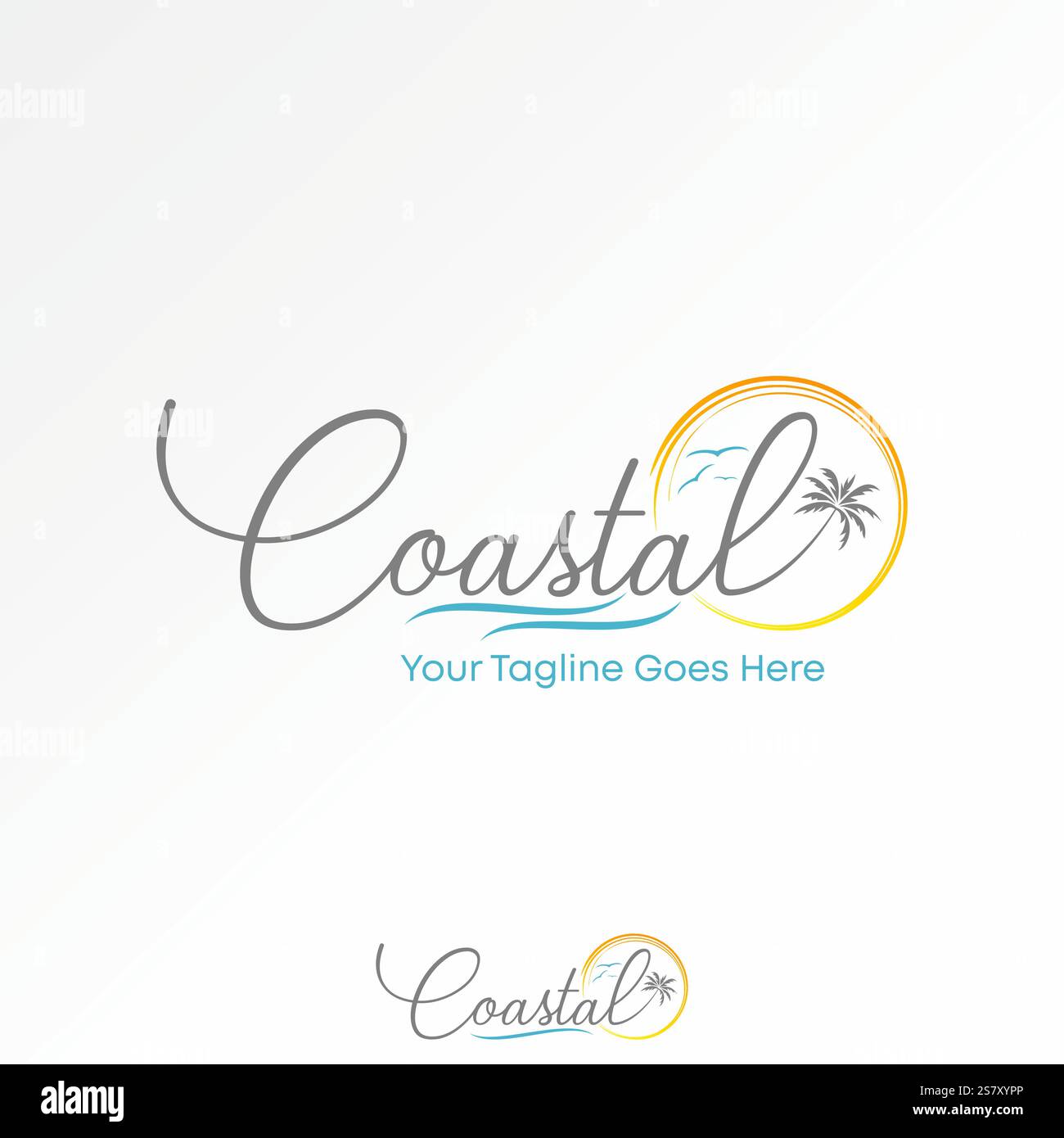 Conception de logo concept graphique créatif vecteur premium image stock texte graphique police côtière palmiers oiseaux vague coucher de soleil île voyage tourisme paradis exotique Illustration de Vecteur