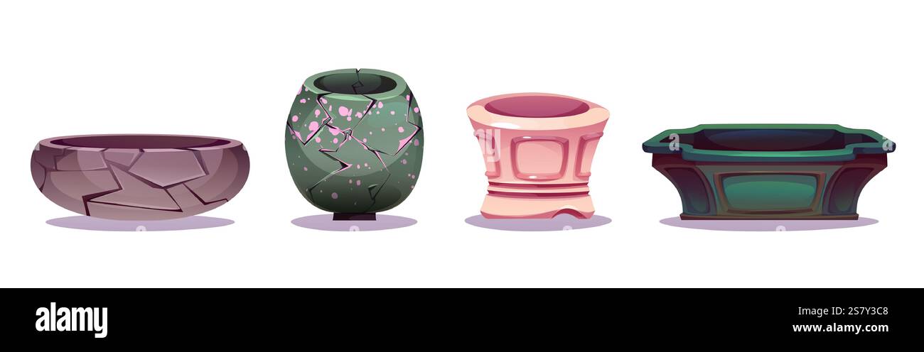 Set de récipients de poterie japonais - bols en céramique stylisés avec texture fissurée, motif d'éclaboussures roses, formes géométriques et design minimaliste. Récipients orientaux traditionnels pour plantes décoratives. Illustration de Vecteur