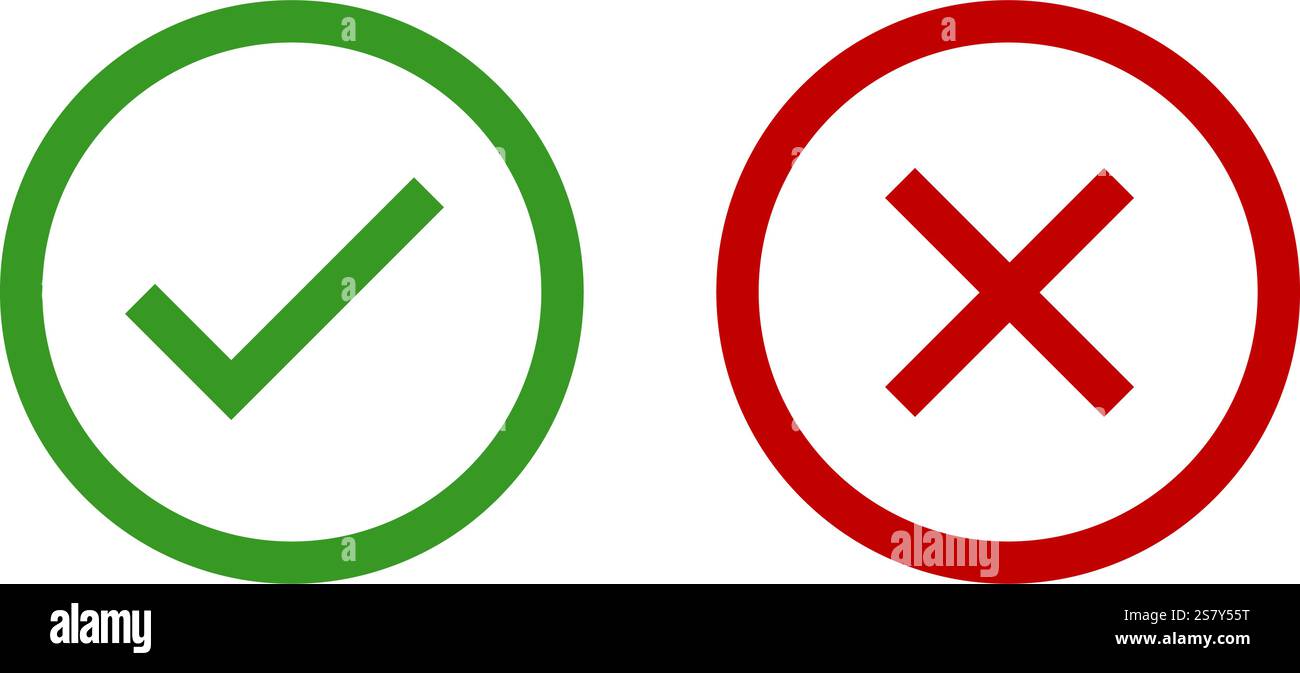 Coche verte, croix rouge, icône de marque x définie, concept de signe vectoriel droit et incorrect arrondi plat dans la forme de contour de cercle. Vote correct et rejet Illustration de Vecteur