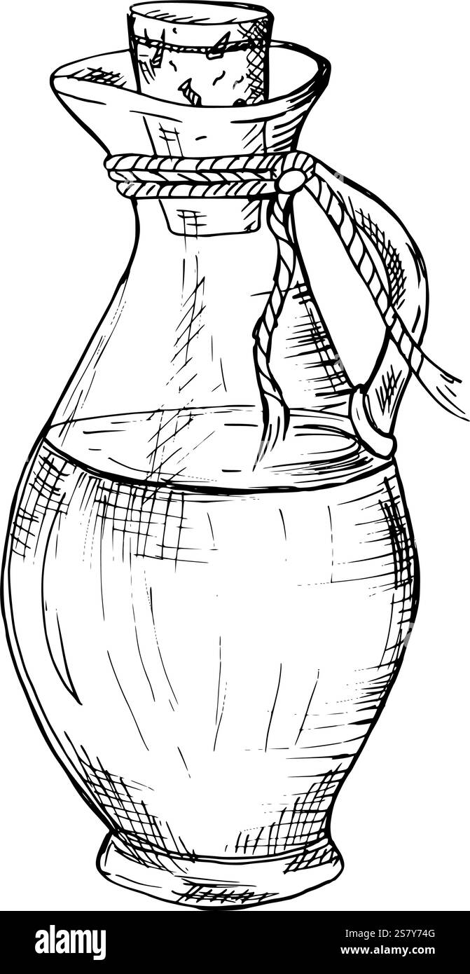 Huile d'olive dans un pichet en verre avec du liège et du cordon de jute. Illustration en noir et blanc dessinée à la main, ligne optimisée Dessin à l'encre pour menu, produit et italien, grec Illustration de Vecteur