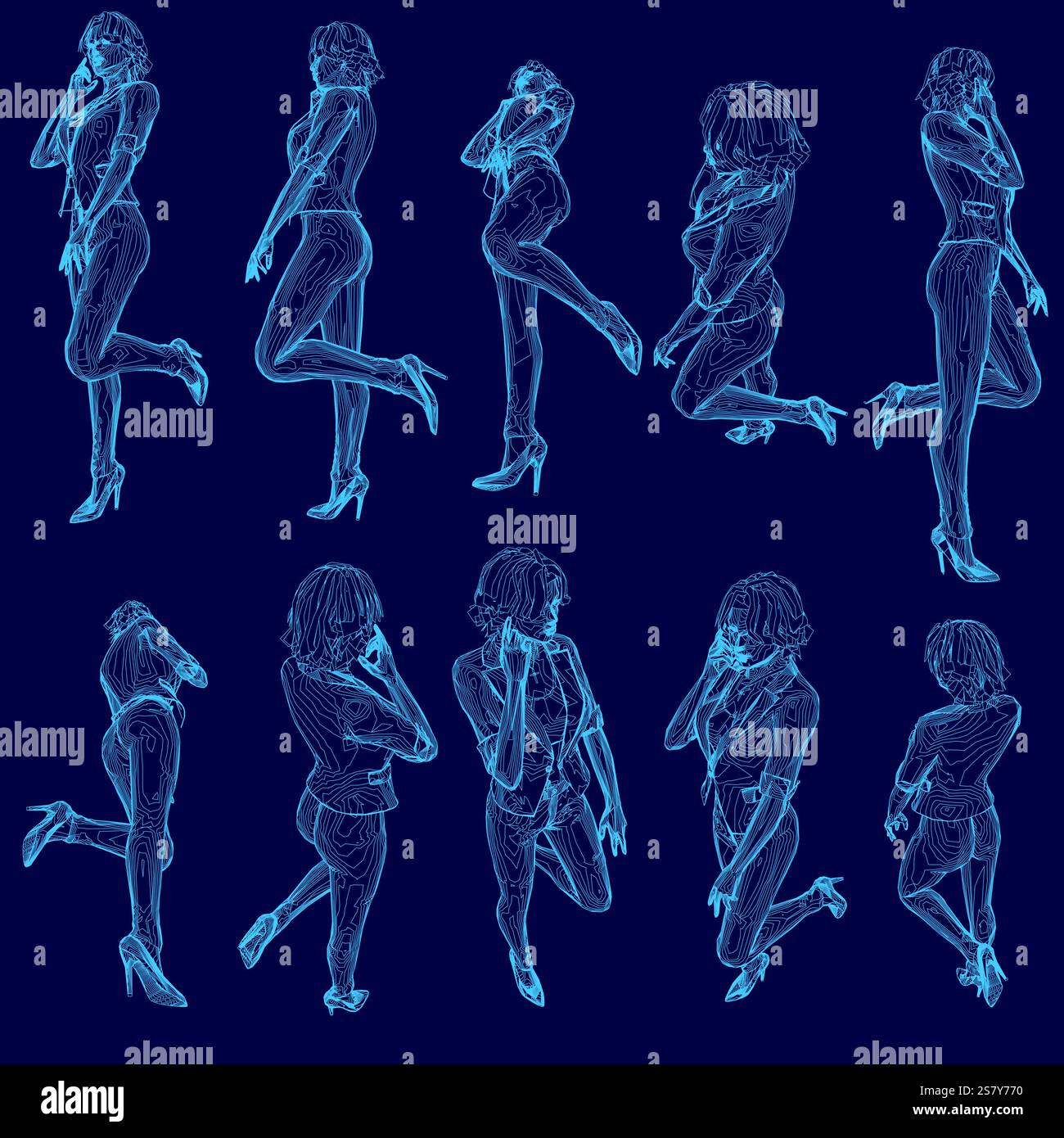 Série d'images bleues de femmes dans diverses poses. L'ambiance des images est ludique et légère, avec les femmes semblant s'amuser et enj Illustration de Vecteur