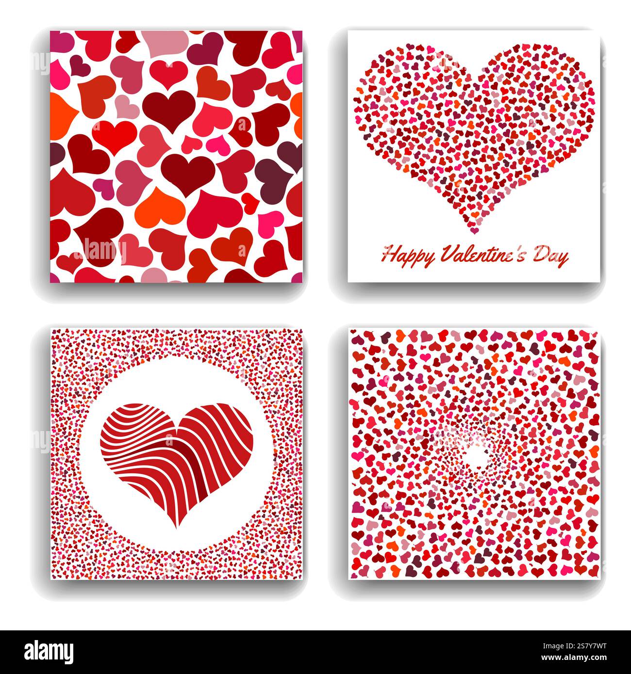 Ensemble de quatre fonds avec des coeurs rouges. Symbole de l'amour. Éléments pour modèle de mariage. Illustration de Vecteur