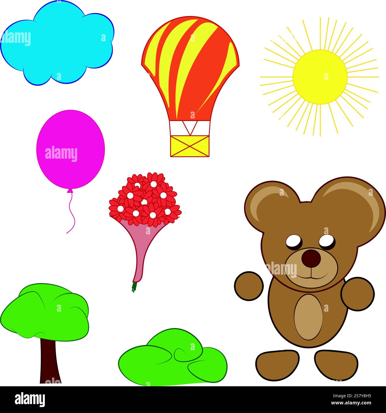 Ours, fleurs, ballon et autres éléments et personnages pour le dessin animé flash des enfants Illustration de Vecteur