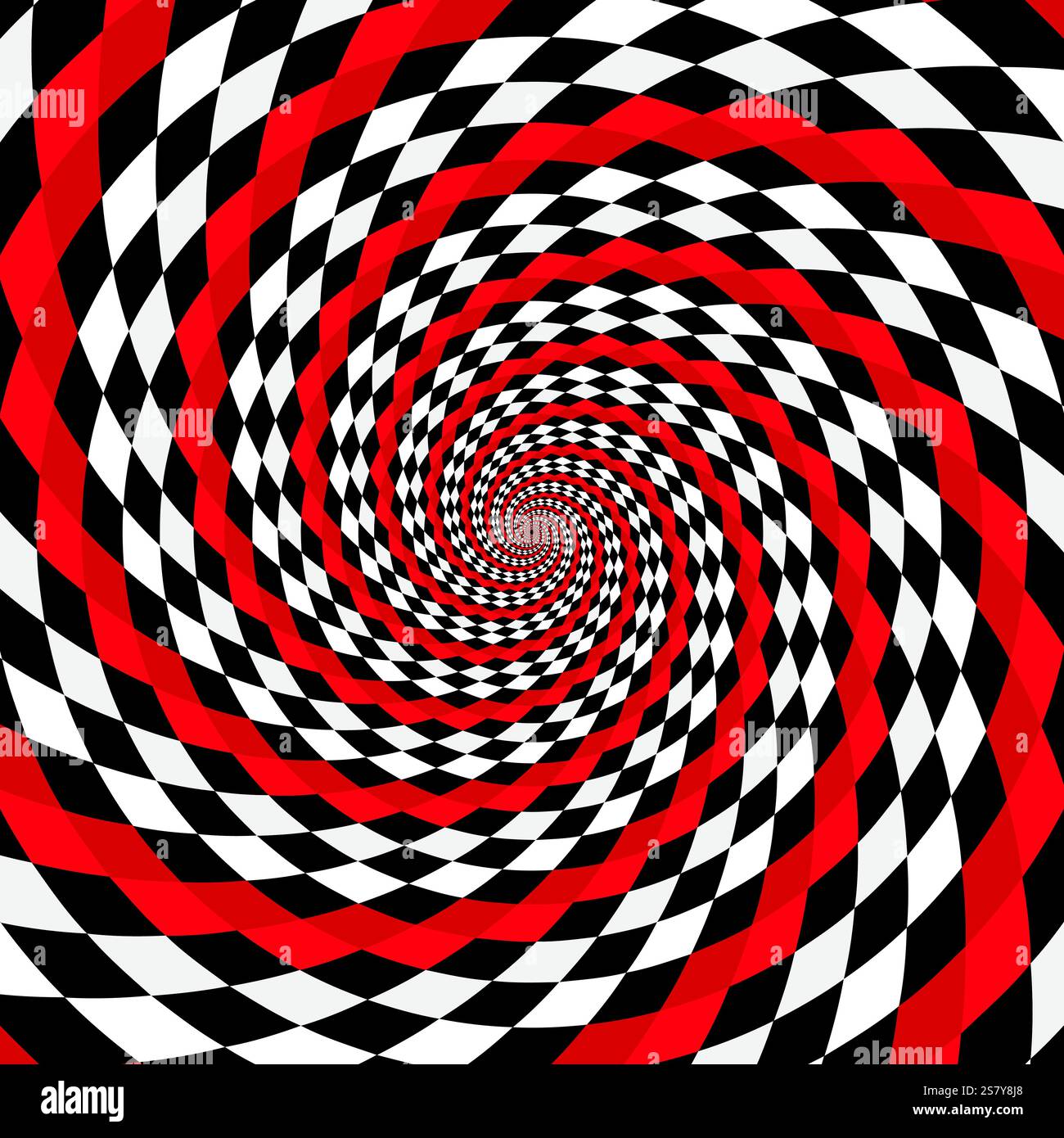 Drapeau à damier de course de vitesse, fond de tourbillon hypnotique en spirale, mouvement d'illusion d'optique, illustration vectorielle opt style art, géométrique abstrait, psychisme Illustration de Vecteur