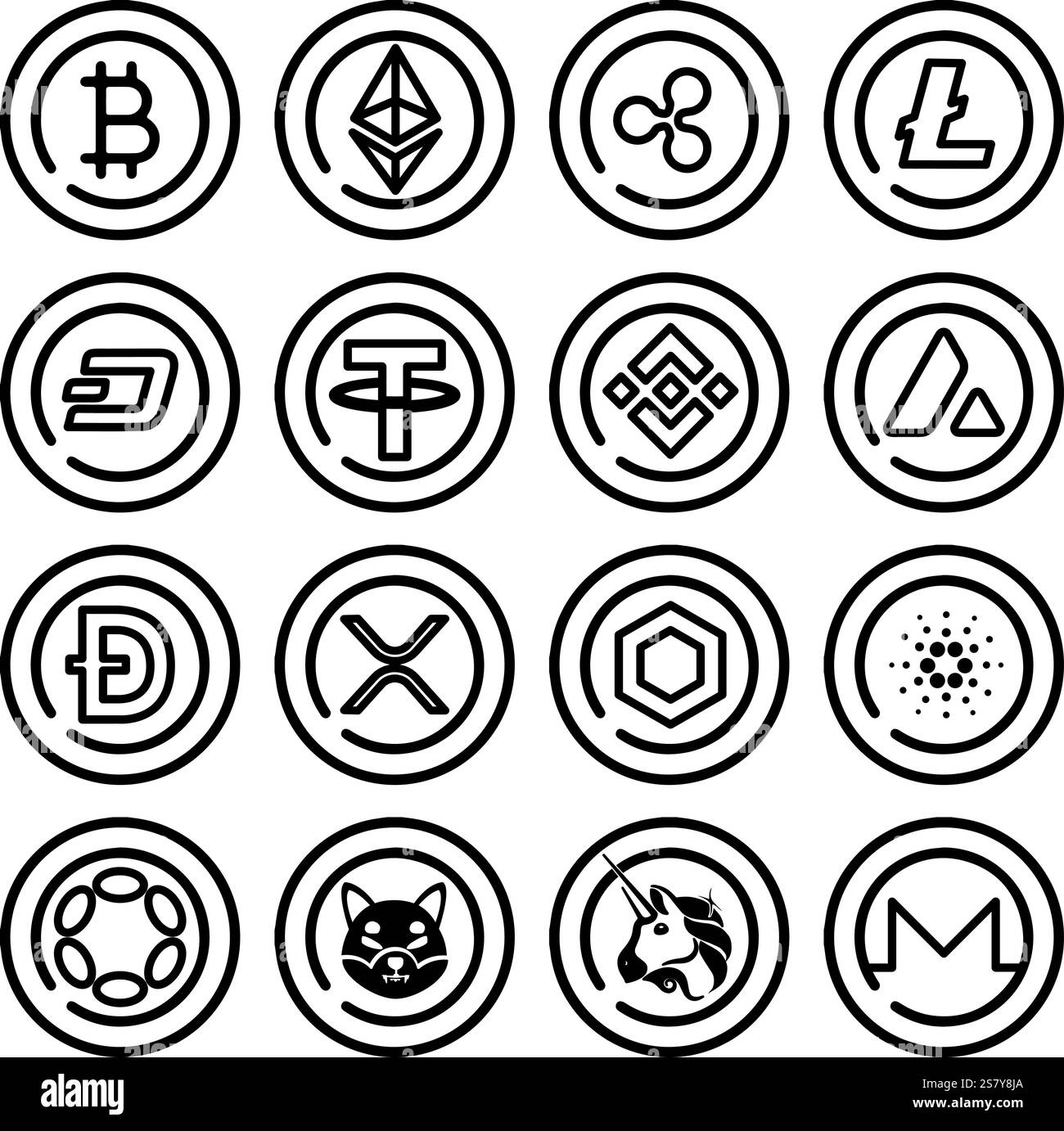 Jeu de logos d'iconographie de crypto-monnaie populaire dessiné avec des lignes noires Illustration de Vecteur