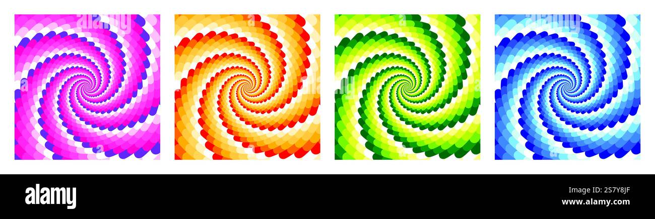 Fond de torsion en spirale, mouvement d'illusion d'optique, illustration vectorielle d'art optionnelle, géométrique abstraite, psychédélique, pas d'ombres, pas d'effets. Jeu de quatre Illustration de Vecteur