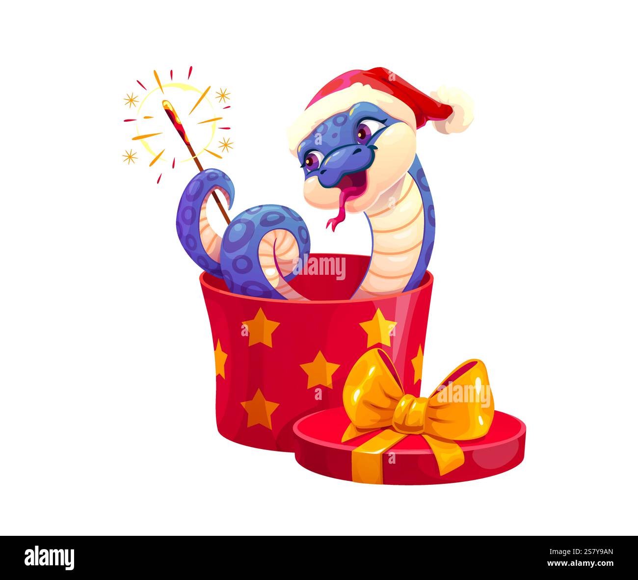 Personnage de serpent drôle avec boîte-cadeau et feu d'artifice. Reptile chinois de dessin animé lunaire du nouvel an 2025 animal zodiaque portant chapeau de Père Noël assis dans une boîte-cadeau rouge Illustration de Vecteur